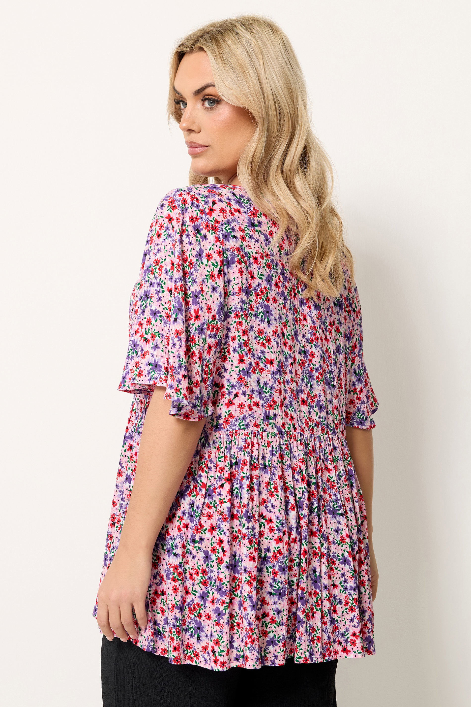 YOURS Plus Size Ditsy Pink Tie Neck Top | Yours Clothing 2