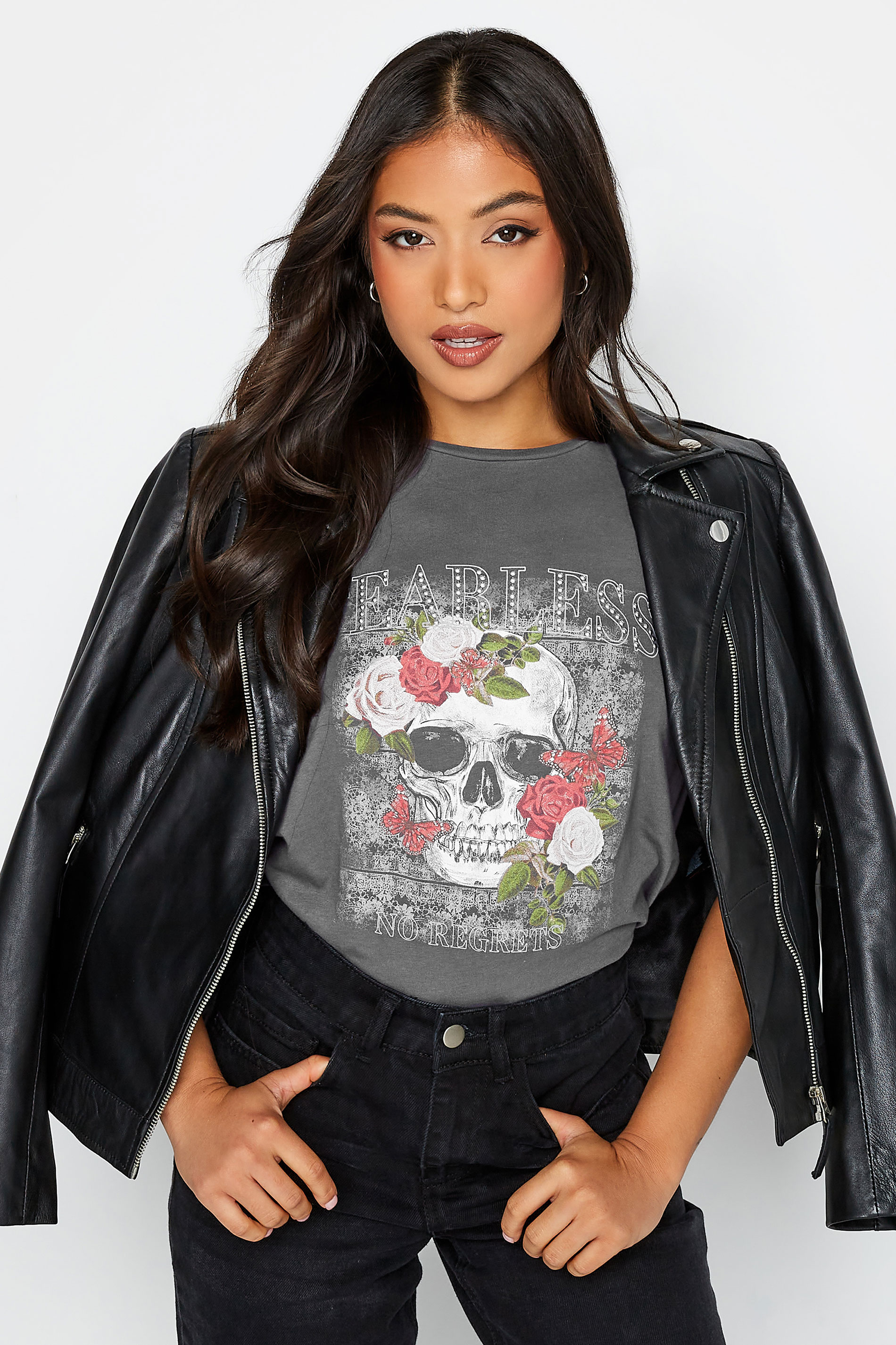 Petite Grey 'Fearless' Skull Slogan T-Shirt | PixieGirl 1