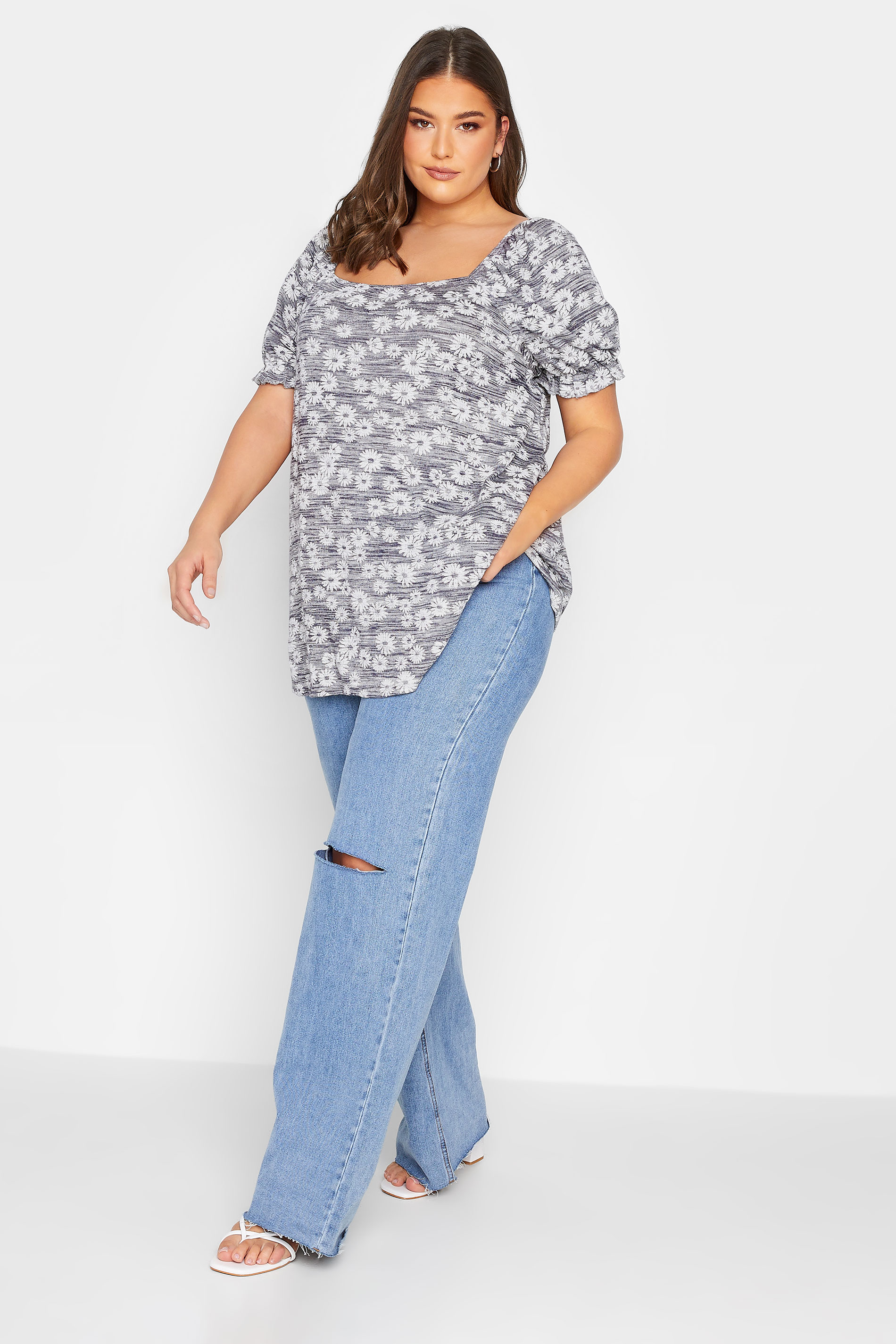 YOURS Plus Size Grey Marl Ditsy Floral Top | Yours Clothing 2