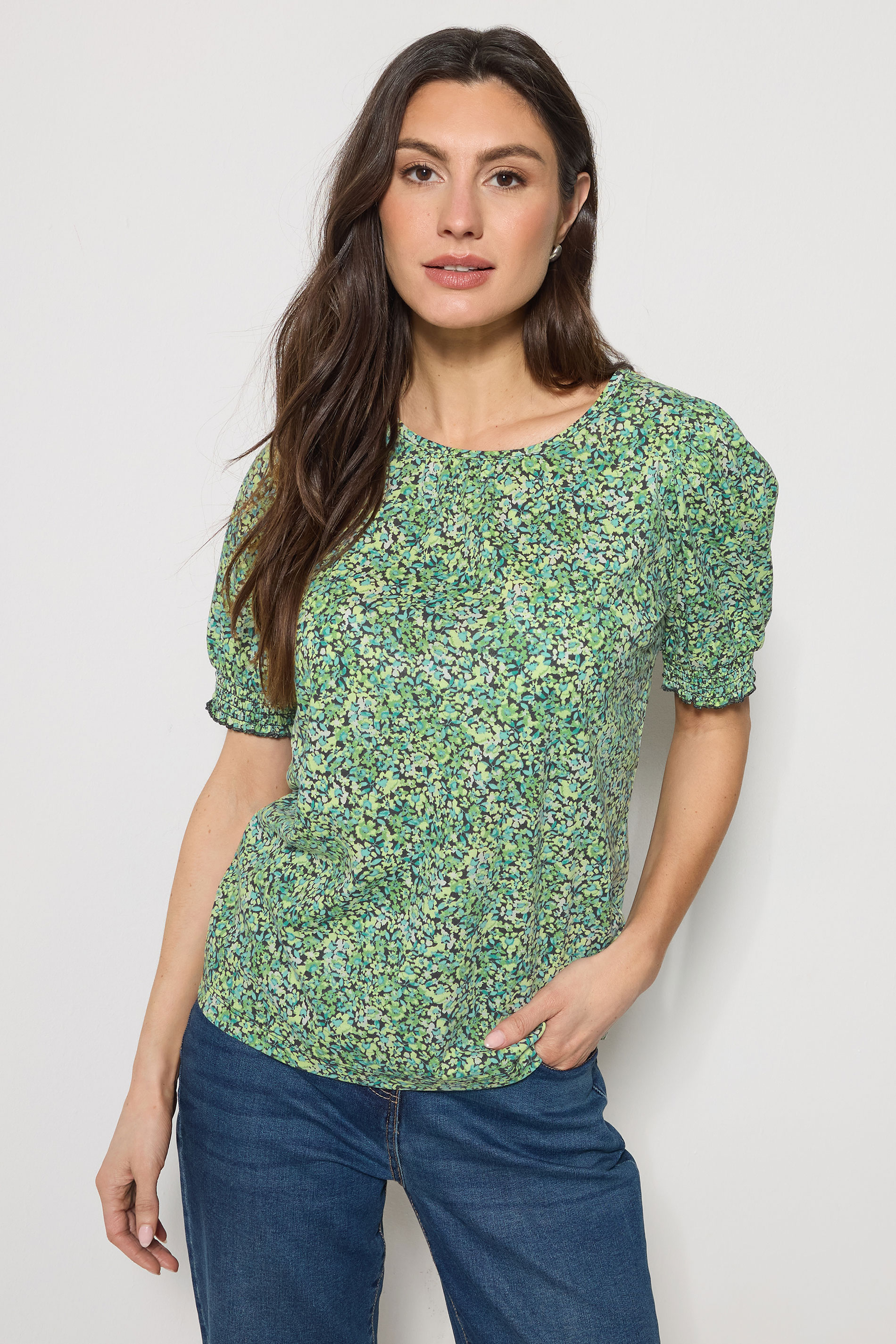 M&Co Green Ditsy Floral Puff Sleeve Top | M&Co 3