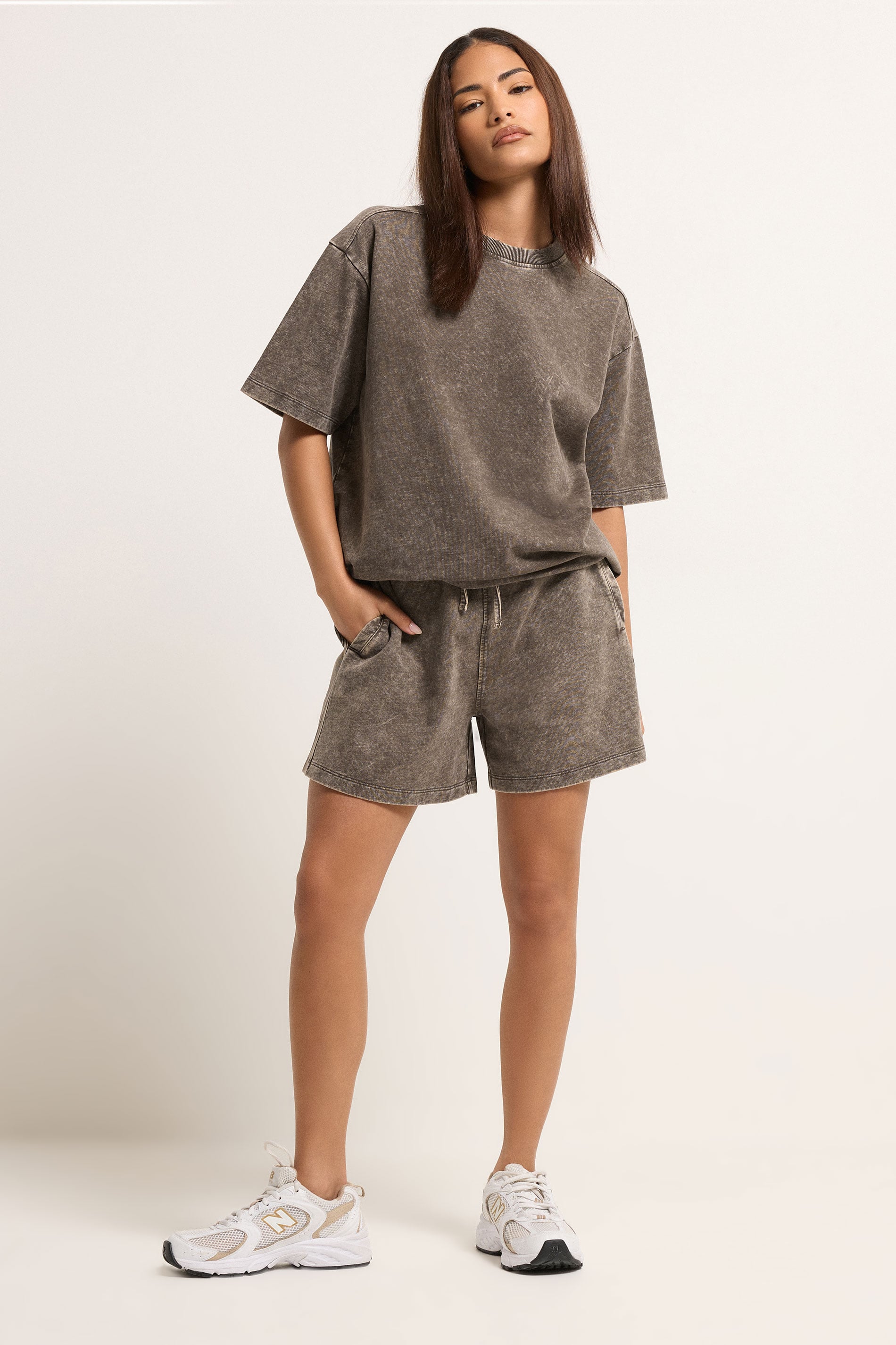 PixieGirl Petite Women's Set Chocolate Brown Acid Wash Cotton T-Shirt & Shorts | PixieGirl 2