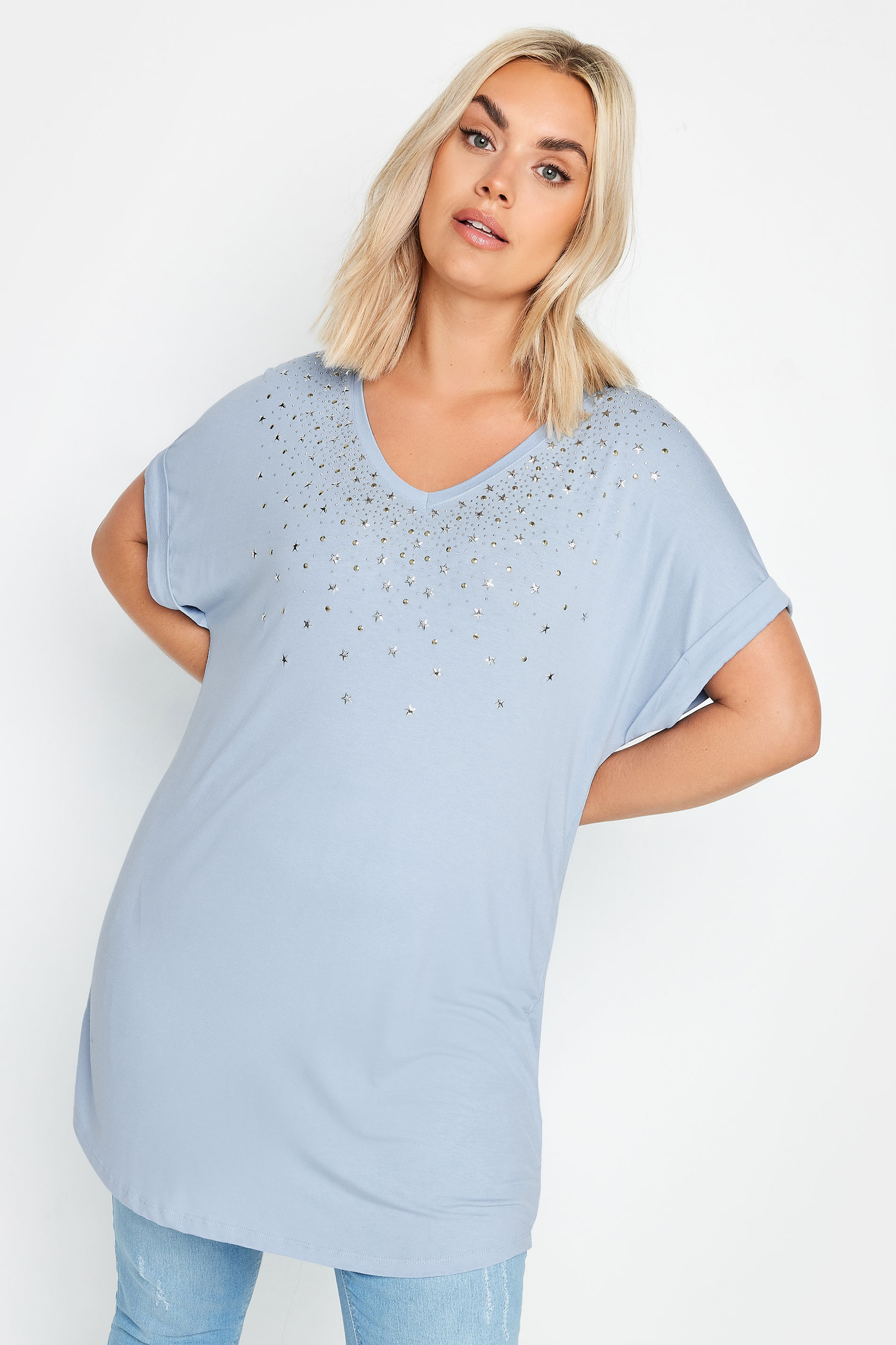 YOURS Plus Size Light Blue Sequin Star Embellished T-Shirt | Yours 