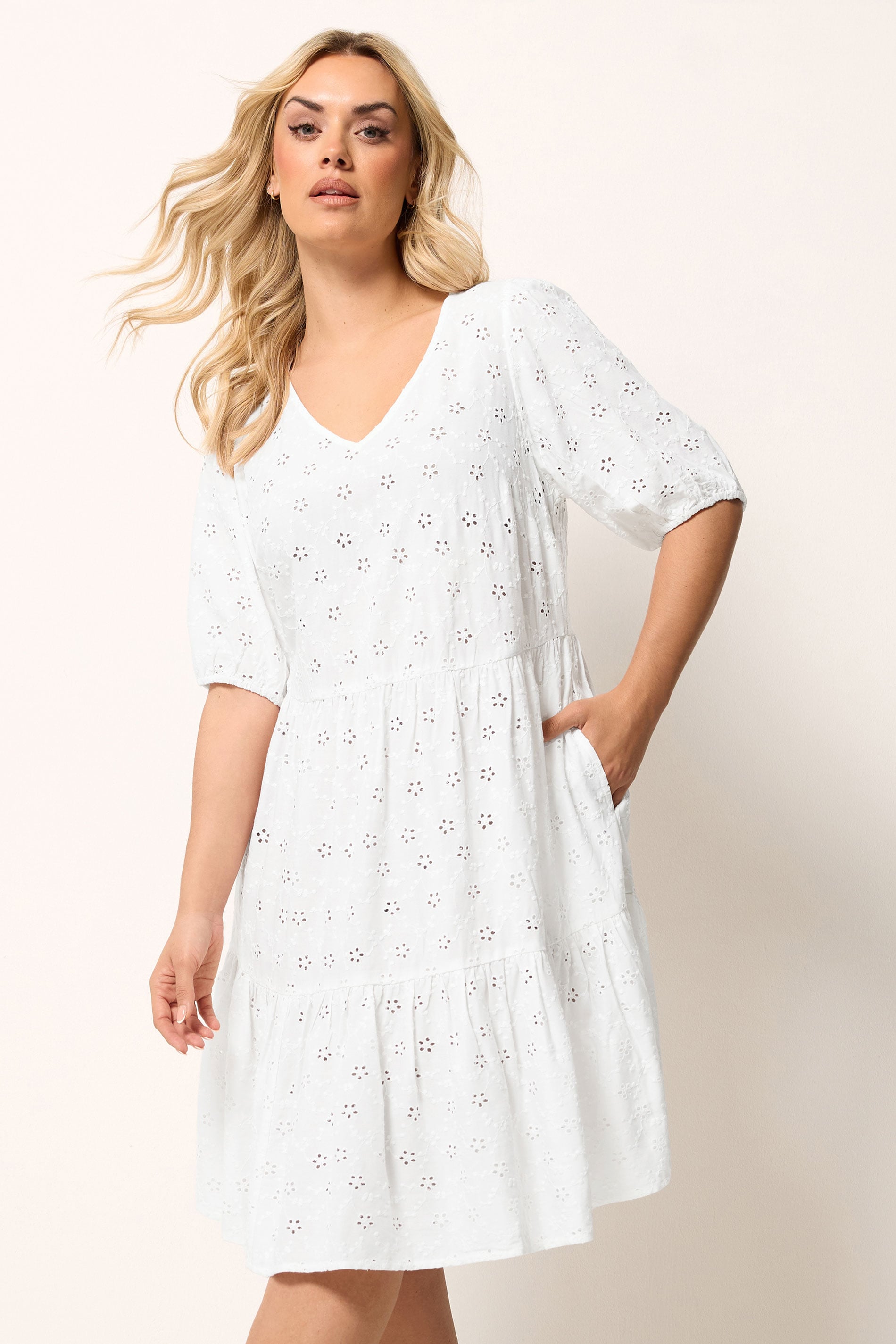 YOURS Plus Size White Broderie Anglaise Tiered Dress | Yours Clothing 3