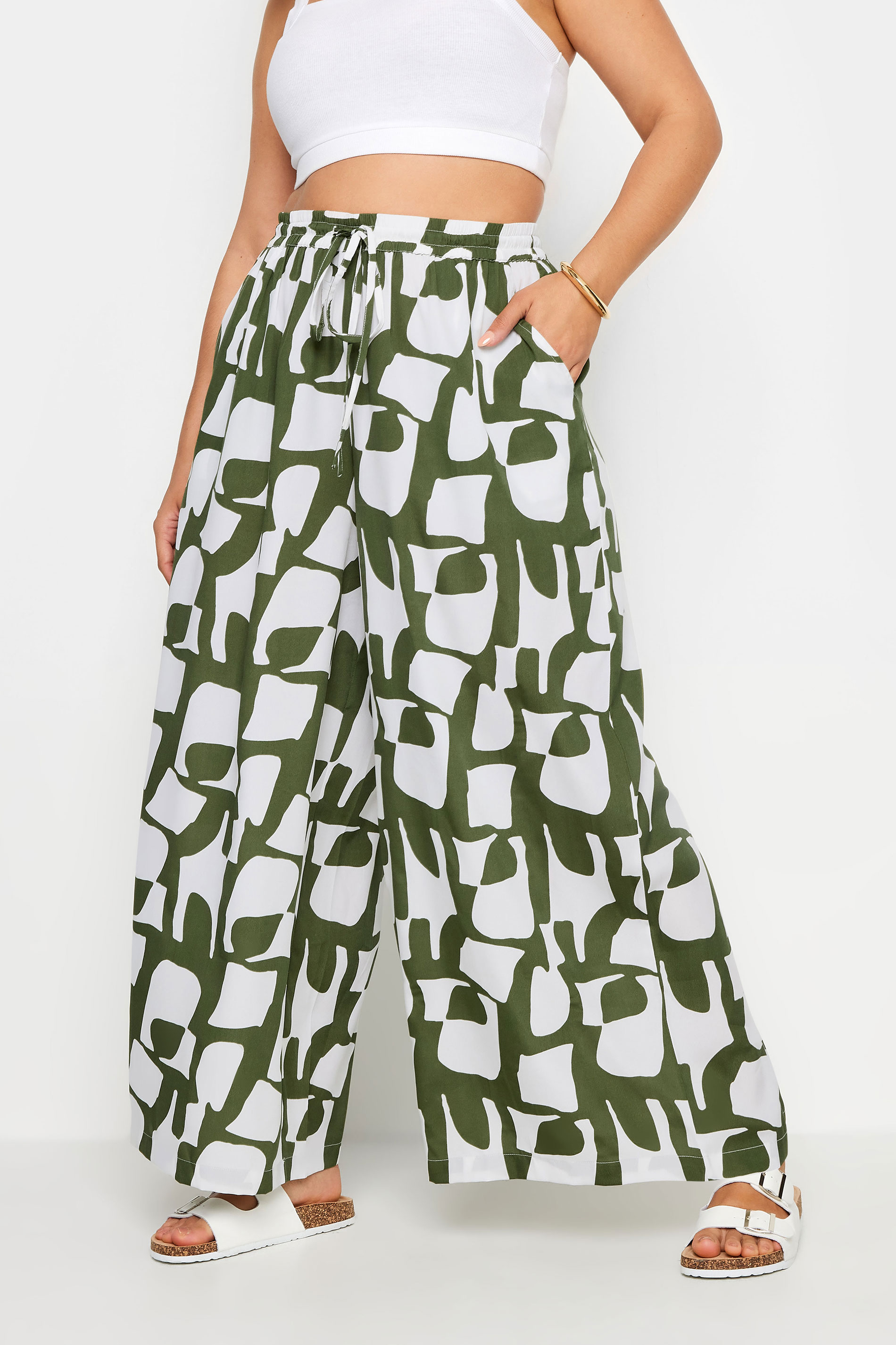 LIMITED COLLECTION Plus Size Green Abstract Print Drawstring Wide Leg Trousers | Yours Clothing 1
