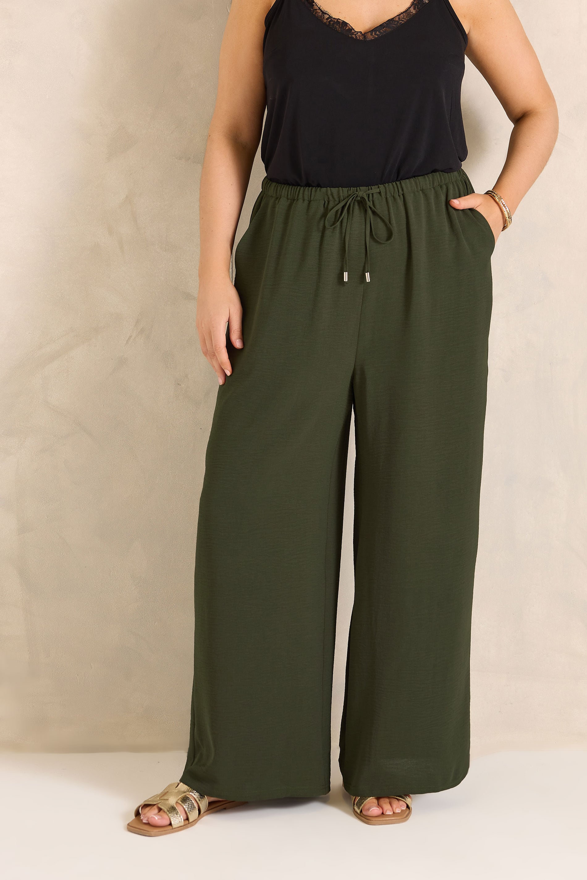 EVANS Plus Size Khaki Green Tie Waist Wide Leg Trousers | Evans  3