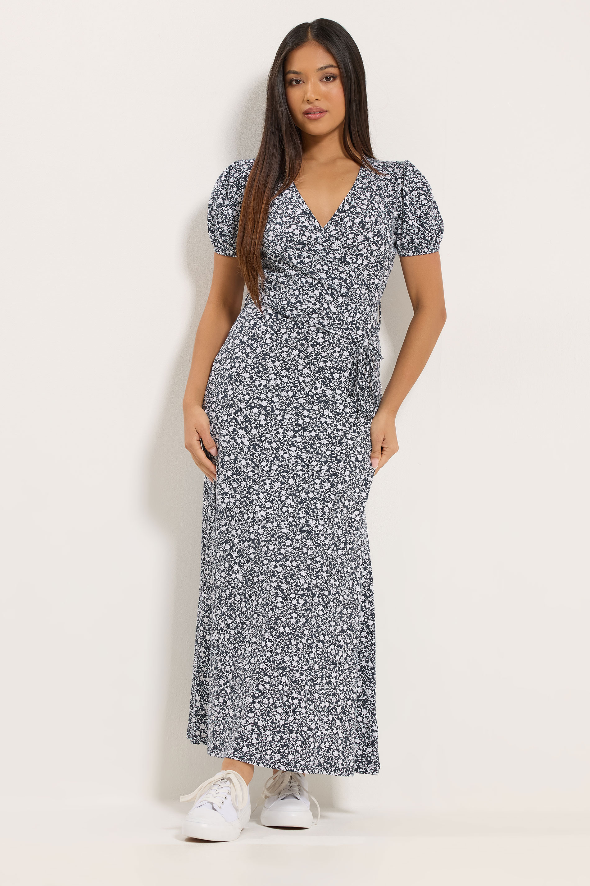 M&Co Petite Navy Blue Floral Print Maxi Wrap Dress | M&Co 1