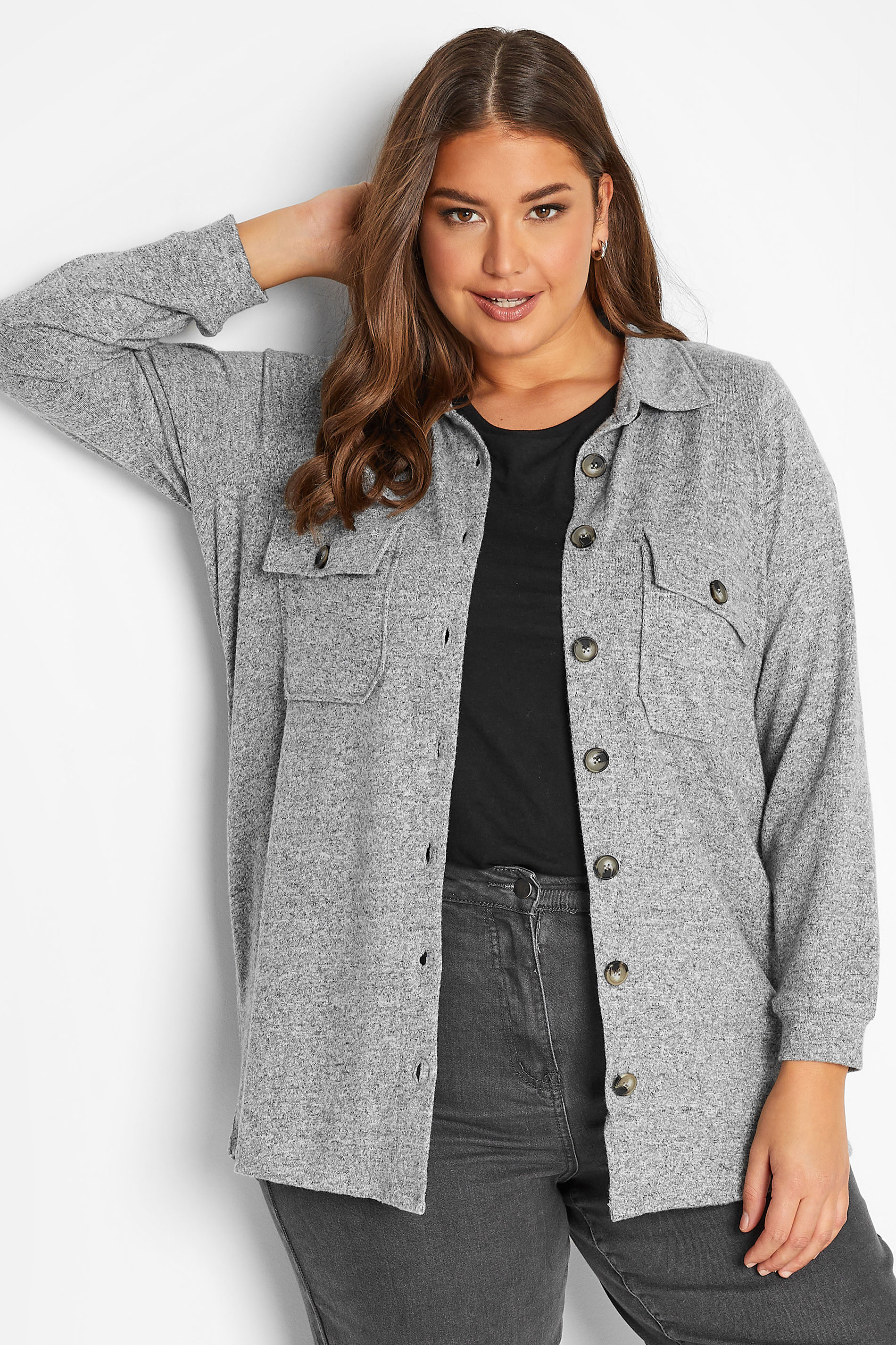 Plus Size Grey Button Through Shacket | Yours Clothing 1