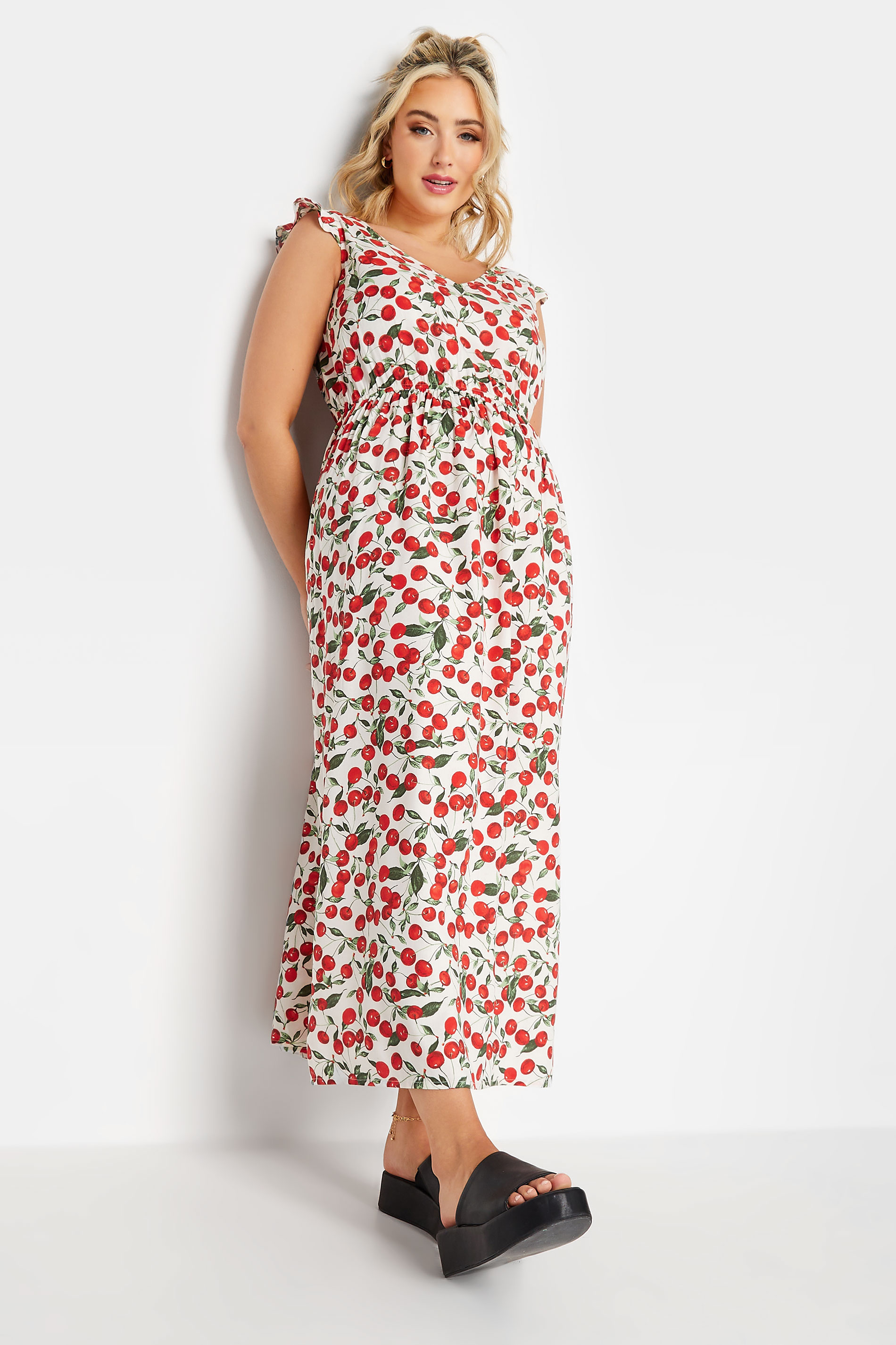 LIMITED COLLECTION Plus Size White Cherry Print Frill Maxi Dress | Yours Clothing 1