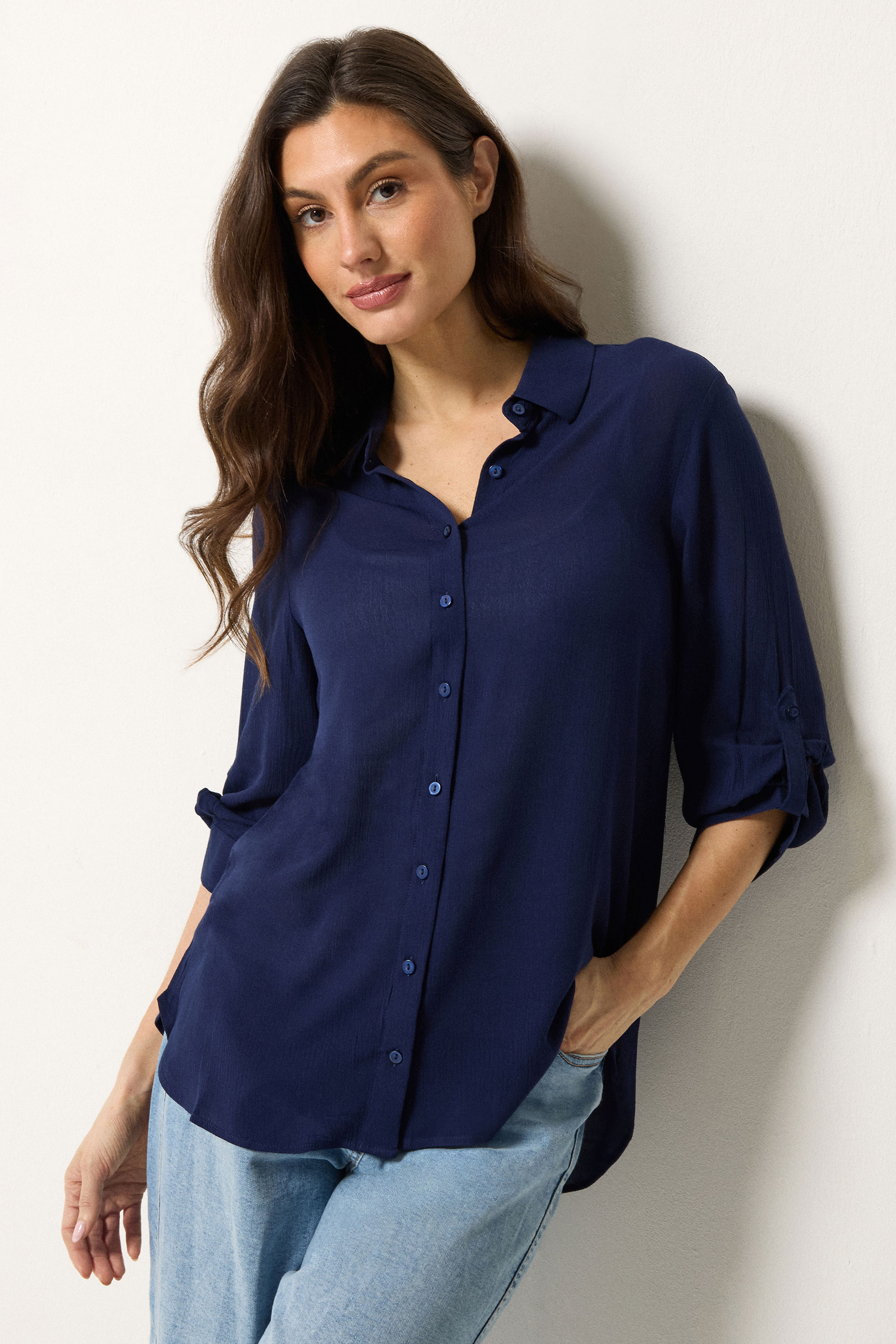 M&Co Navy Blue Crinkle Tab Sleeve Shirt | M&Co 3