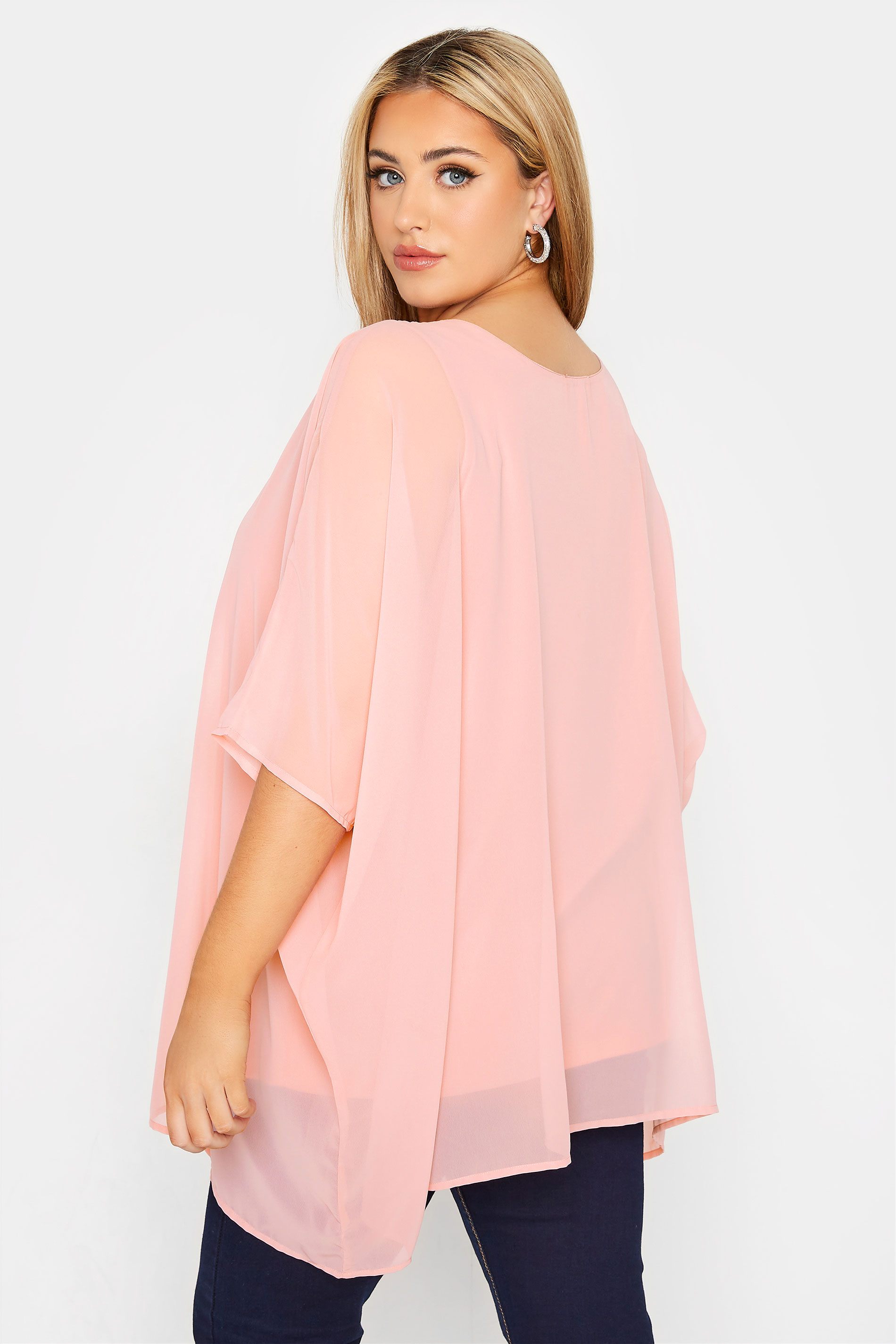 YOURS LONDON Plus Size Light Pink Chiffon Cape Blouse | Yours Clothing 3