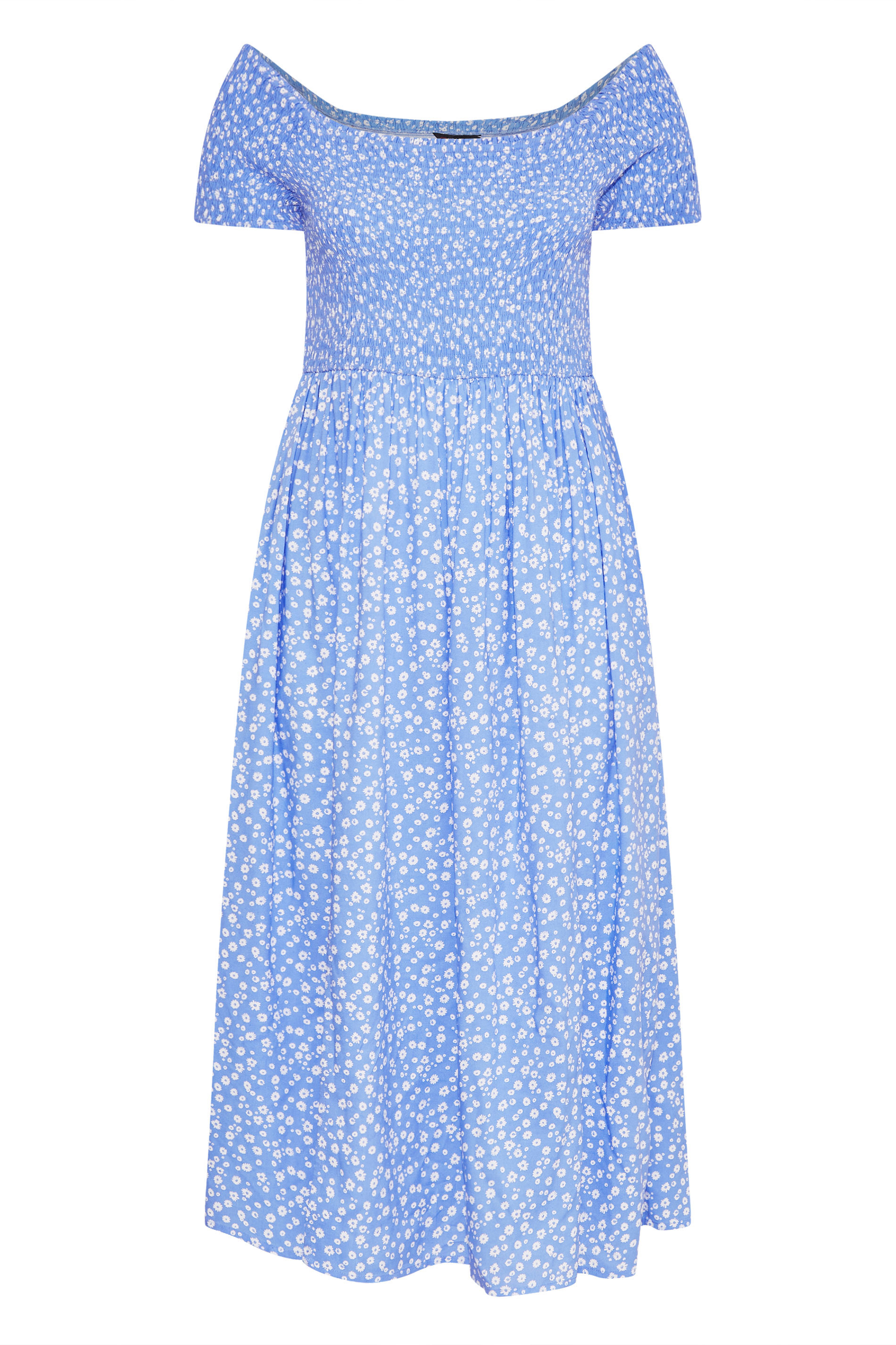 Robes Grande Taille Grande taille  Robes Style Bardot | Robe Bleue Ciel Floral en Bardot Manches Courtes - FE99421