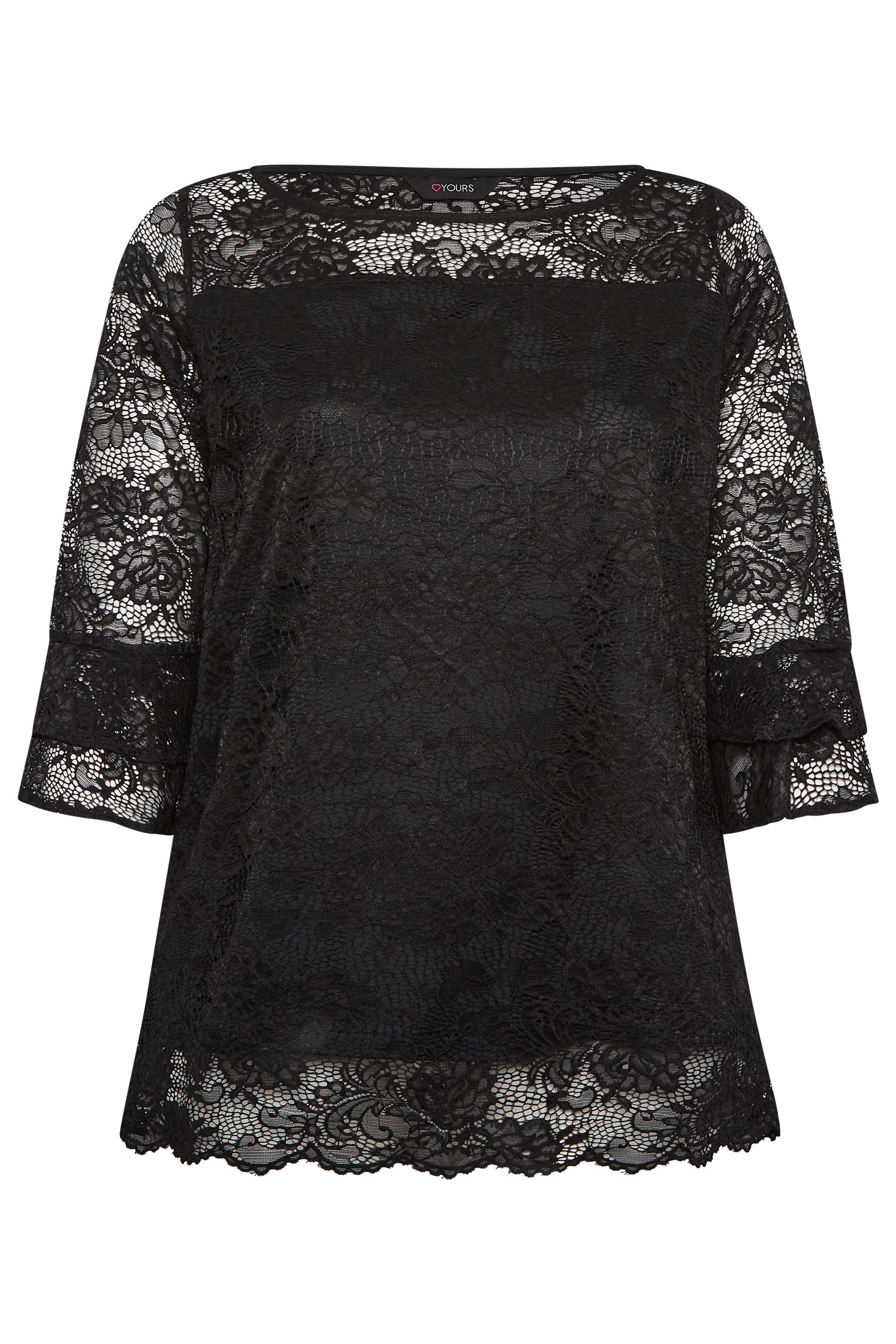 YOURS Plus Size Black Lace Bell Sleeve Blouse | Yours Clothing