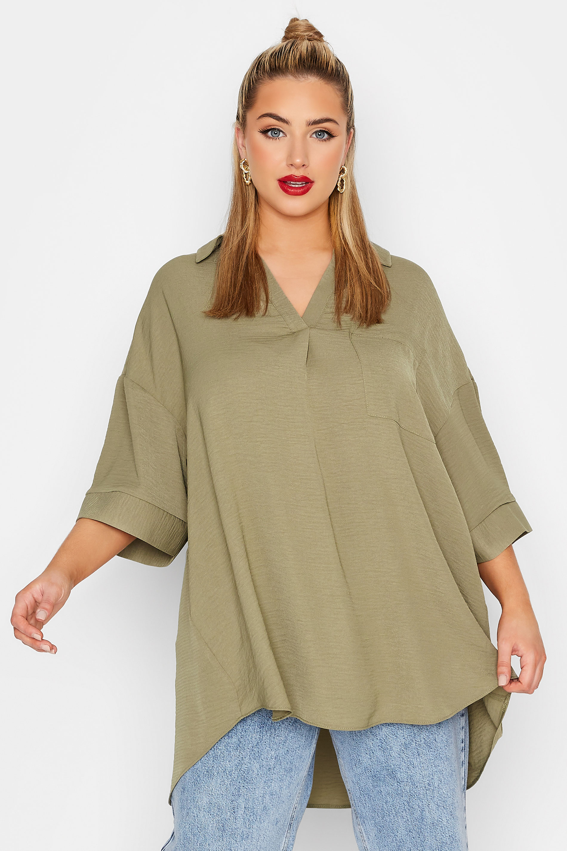 LIMITED COLLECTION Curve Olive Green Pleated Front Top_A.jpg