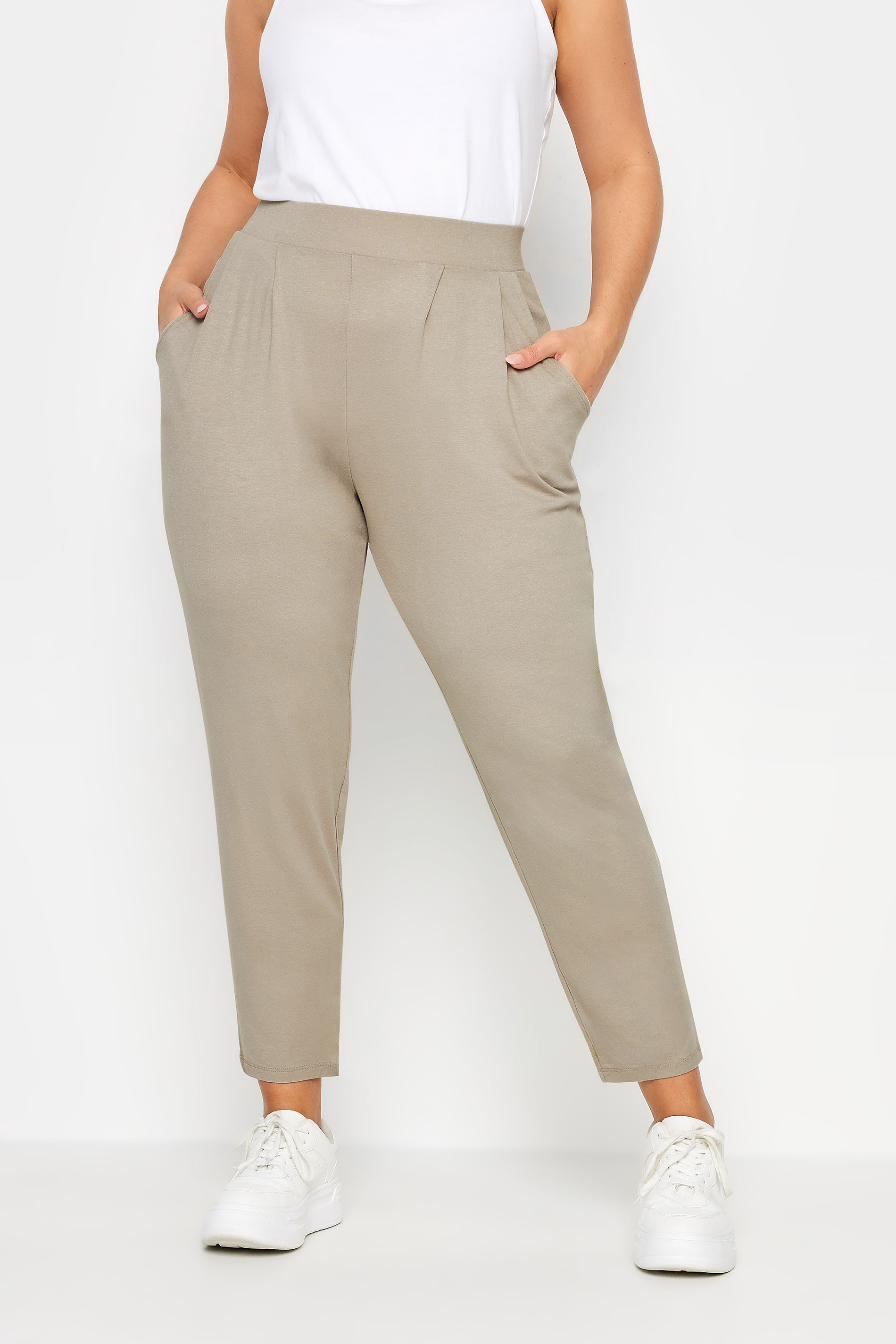 YOURS Plus Size Stone Brown Double Pleat Harem Trousers | Yours Clothing 1