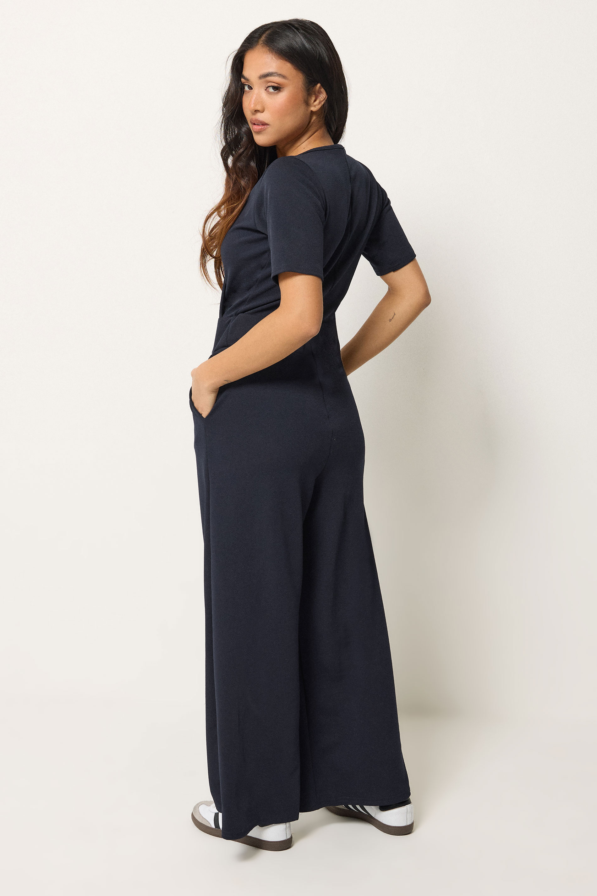 PixieGirl Petite Navy Blue Short Sleeve Wide Leg Jumpsuit | Pixie Girl 2