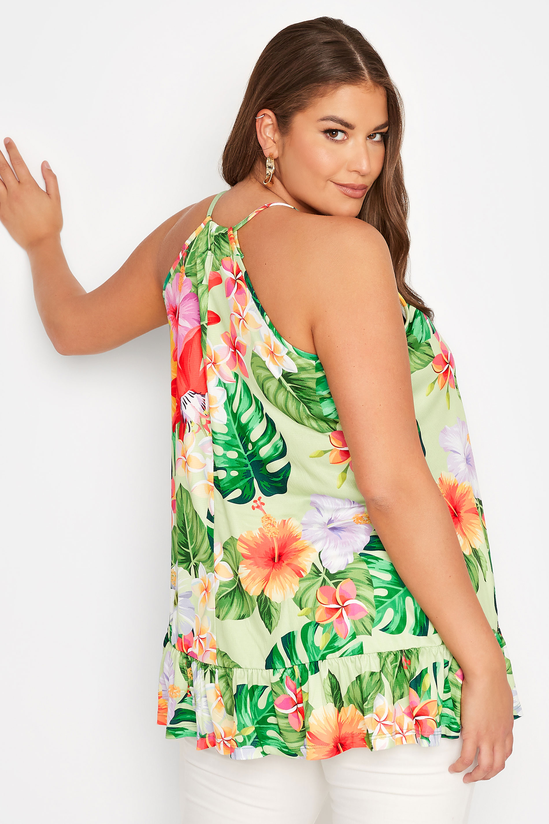 Plus Size Green Tropical Print Frill Hem Cami Top | Yours Clothing 3