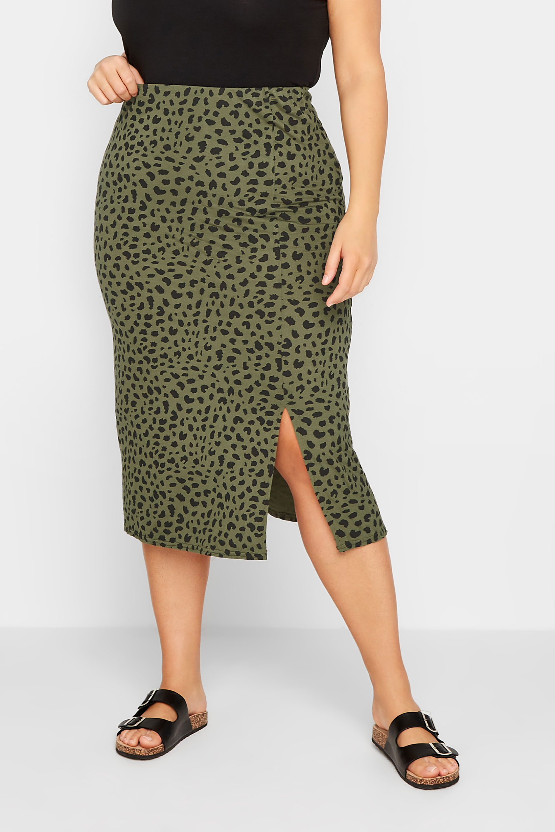 LTS Tall Women's Khaki Green Dalmatian Print Midi Skirt | Long Tall Sally 1