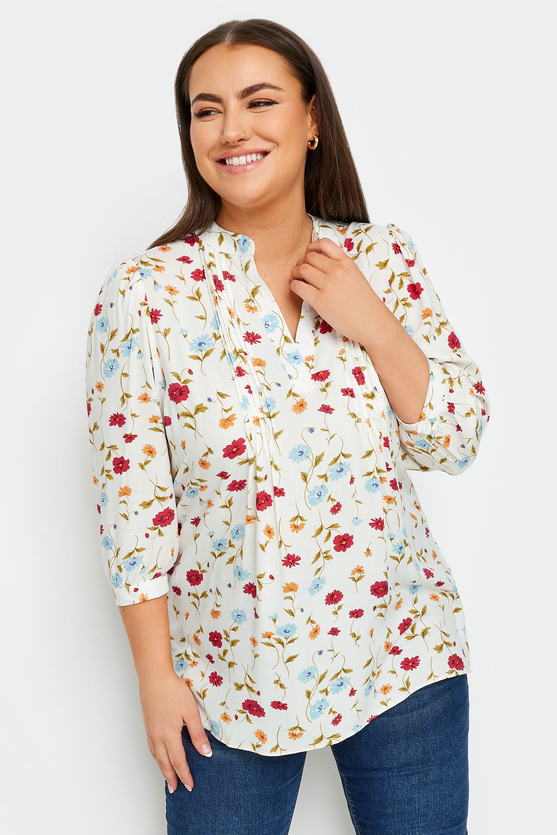 YOURS Plus Size White Floral Print Pintuck Blouse | Yours Clothing 1