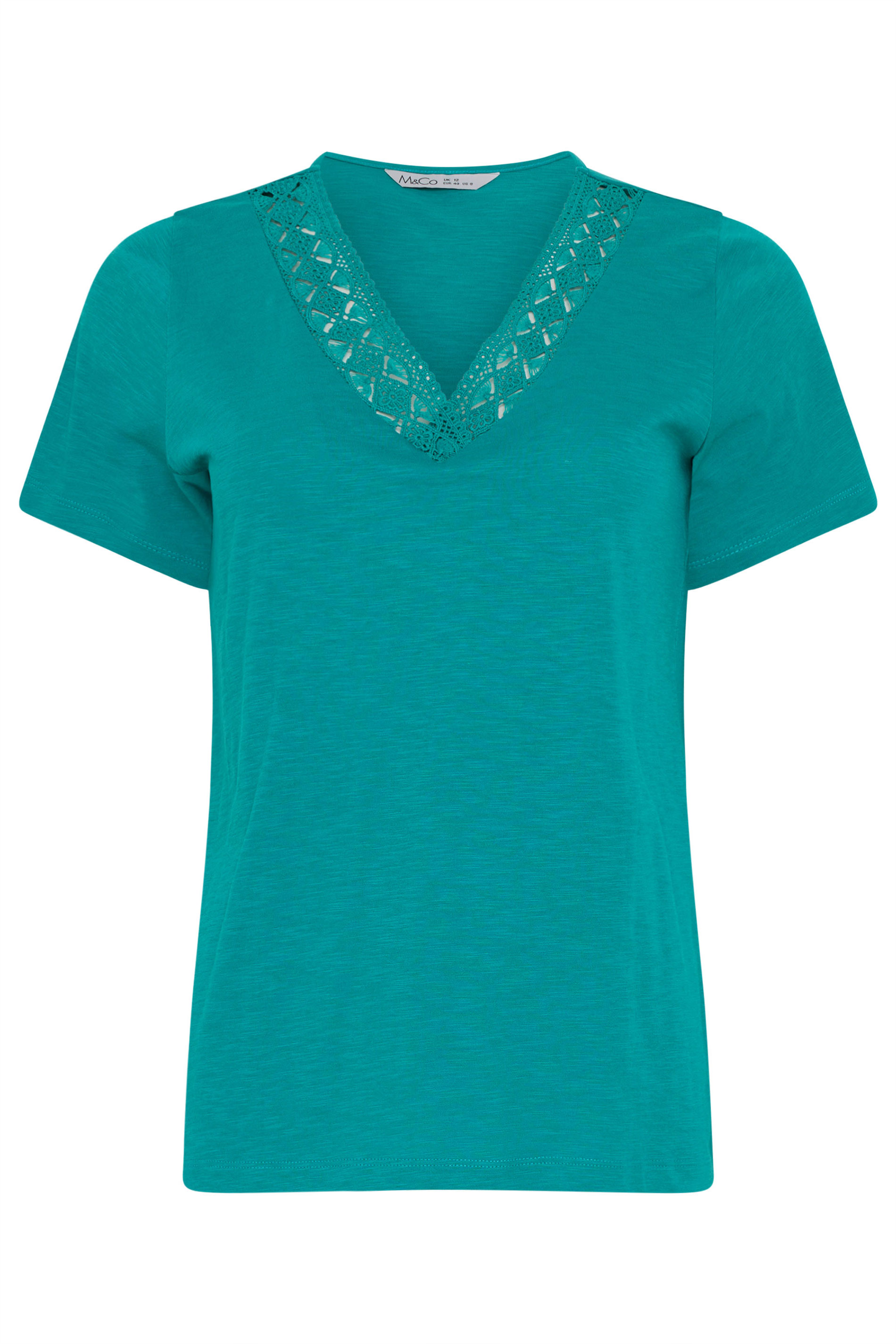 M&Co Teal Blue Lace Trim V-Neck Cotton T-Shirt | M&Co 5