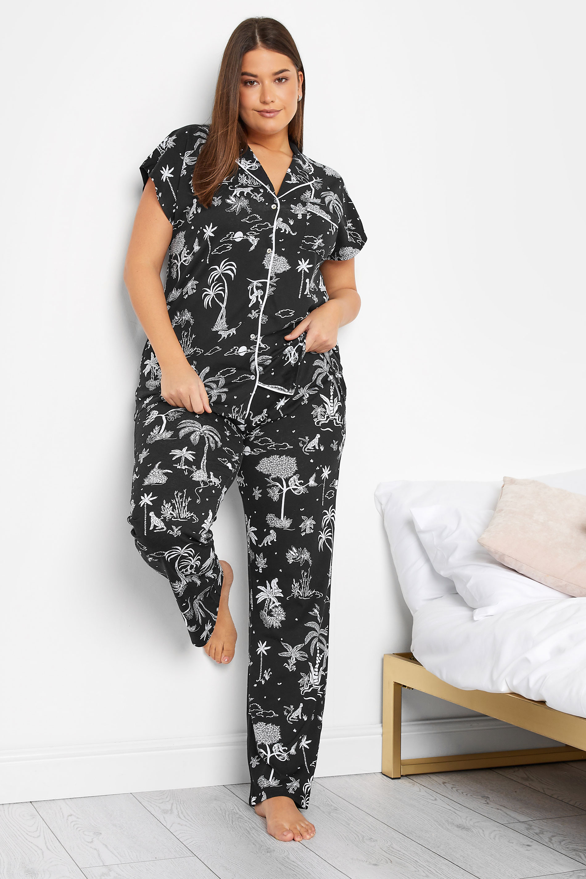 Tall Women's LTS Tall Black Jungle Print Cotton Pyjama Set | Long Tall Sally  1