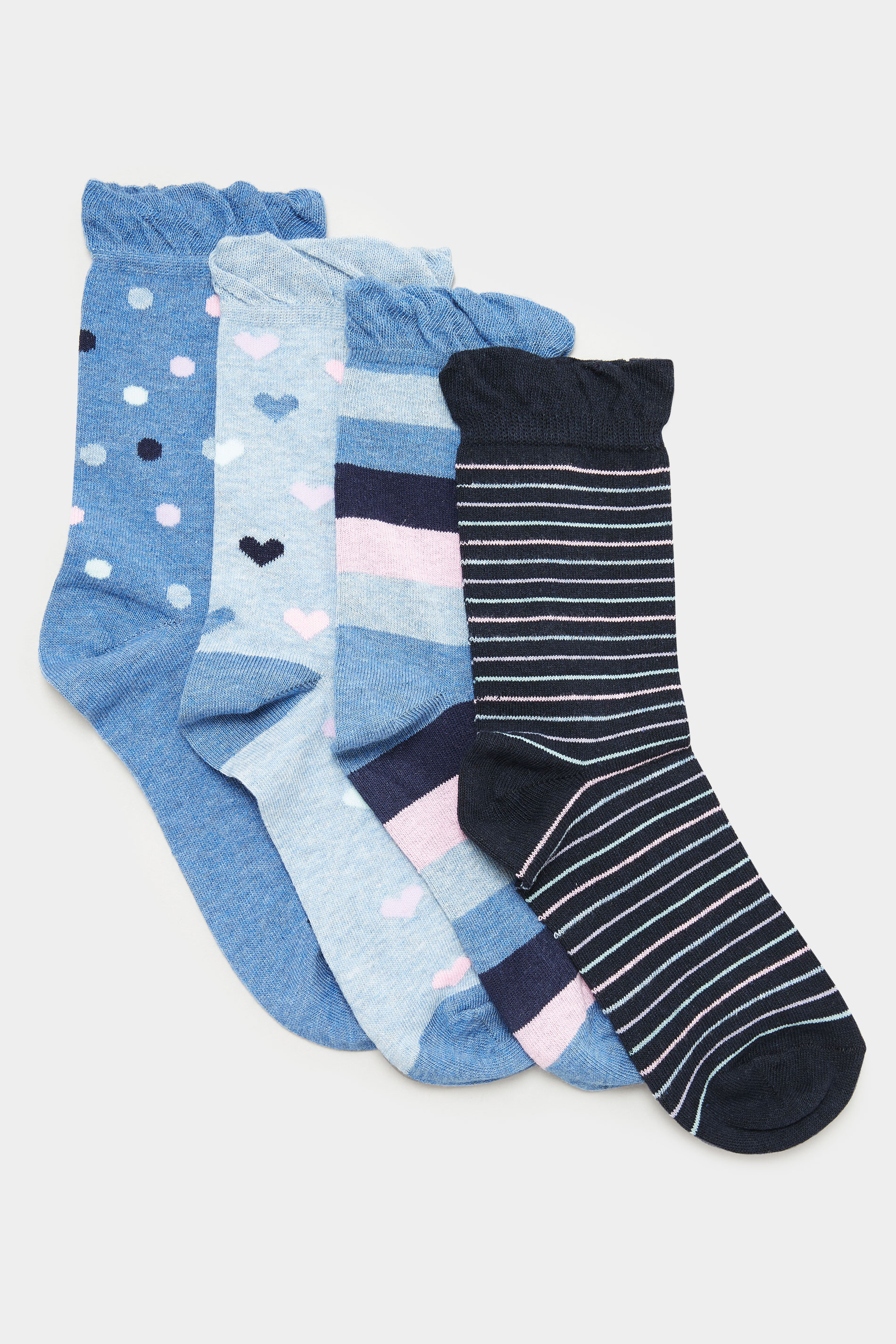 4 PACK Blue Stripe & Heart Ankle Socks | Yours Clothing