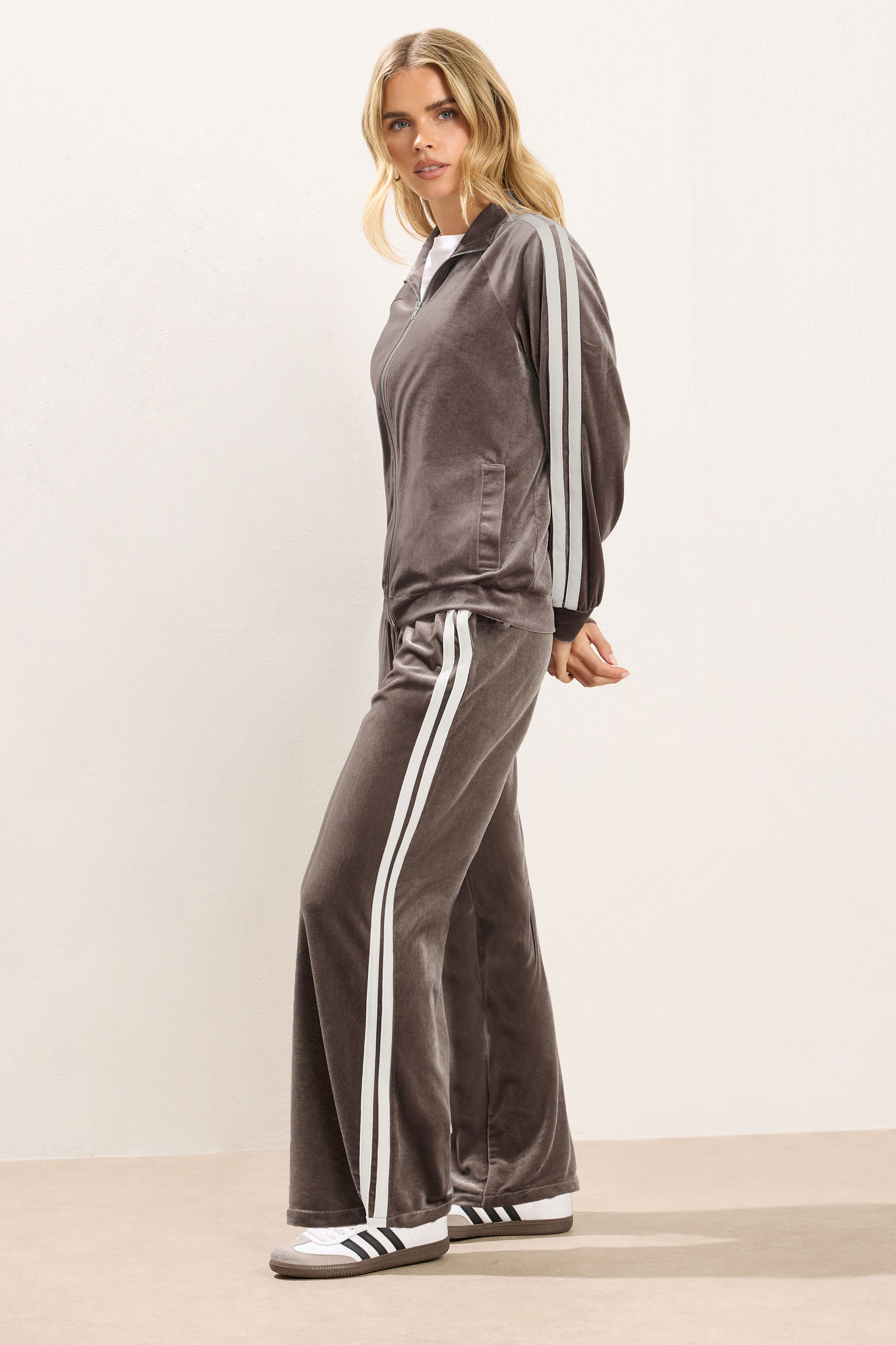  PixieGirl Petite Women's Brown Side Stripe Velvet Wide Leg Trousers | PixieGirl 1