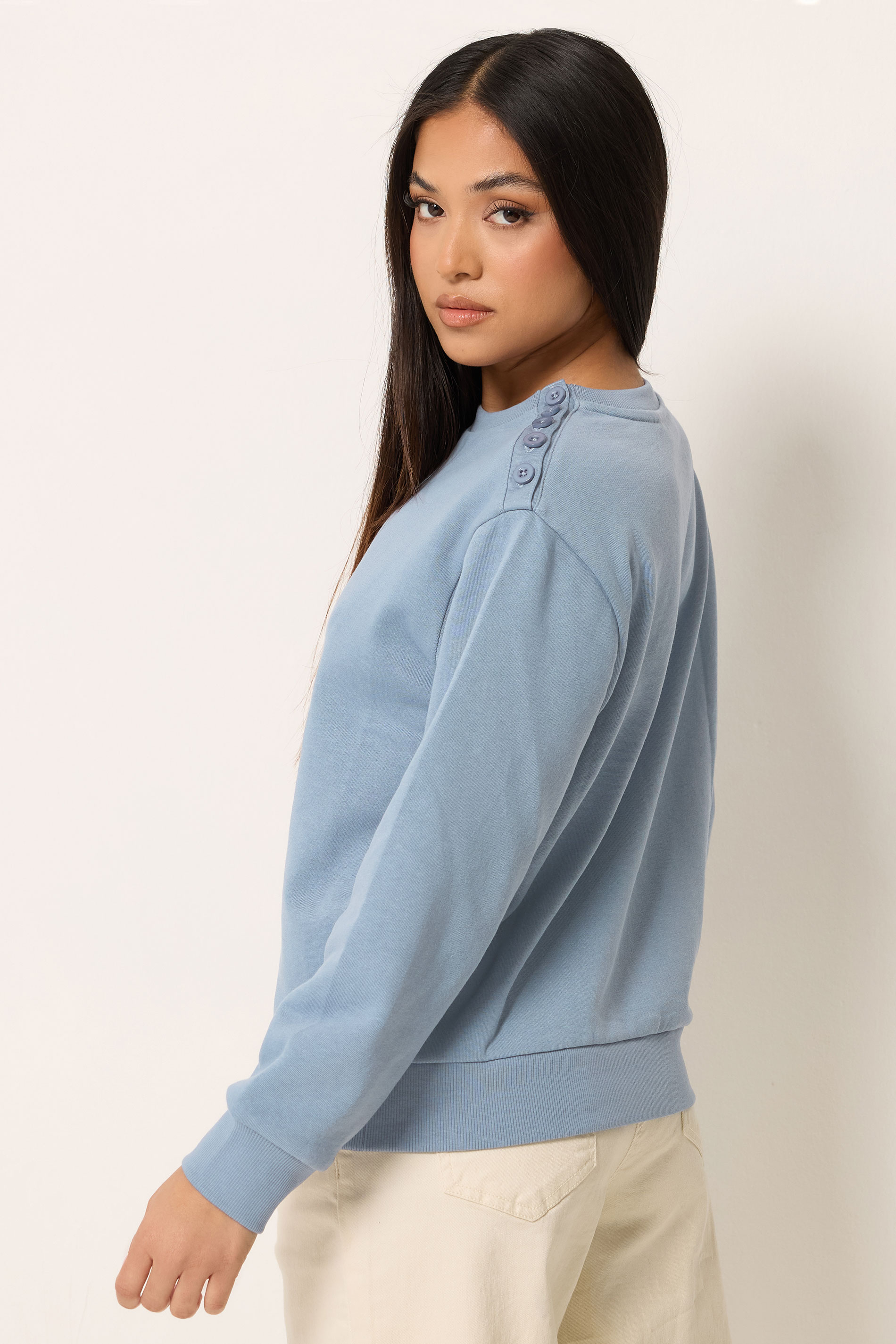 M&Co Petite Light Blue Button Detail Sweatshirt | M&Co 2