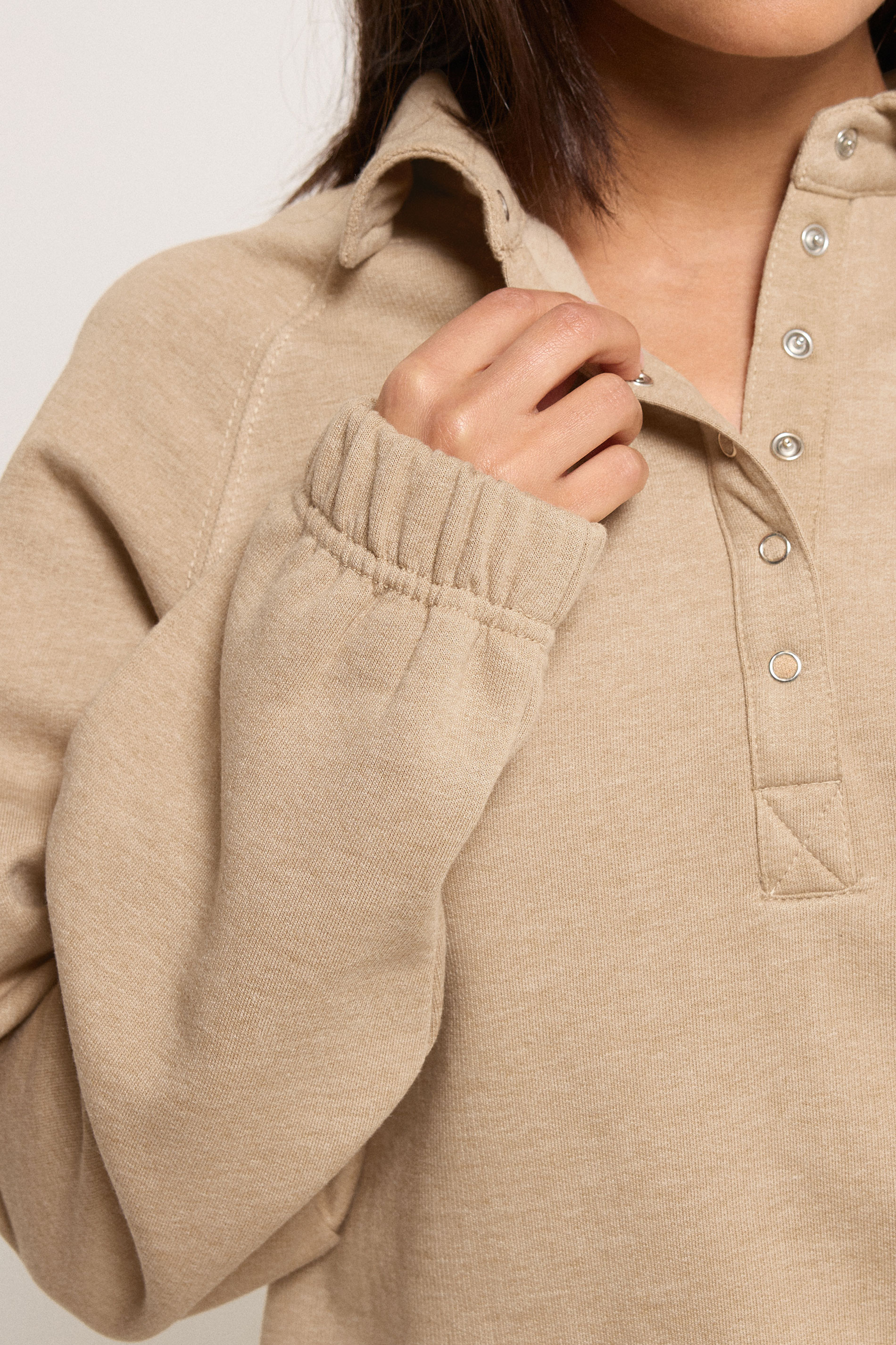 PixieGirl Petite Women's Natural Brown Button Collar Sweatshirt | PixieGirl 5