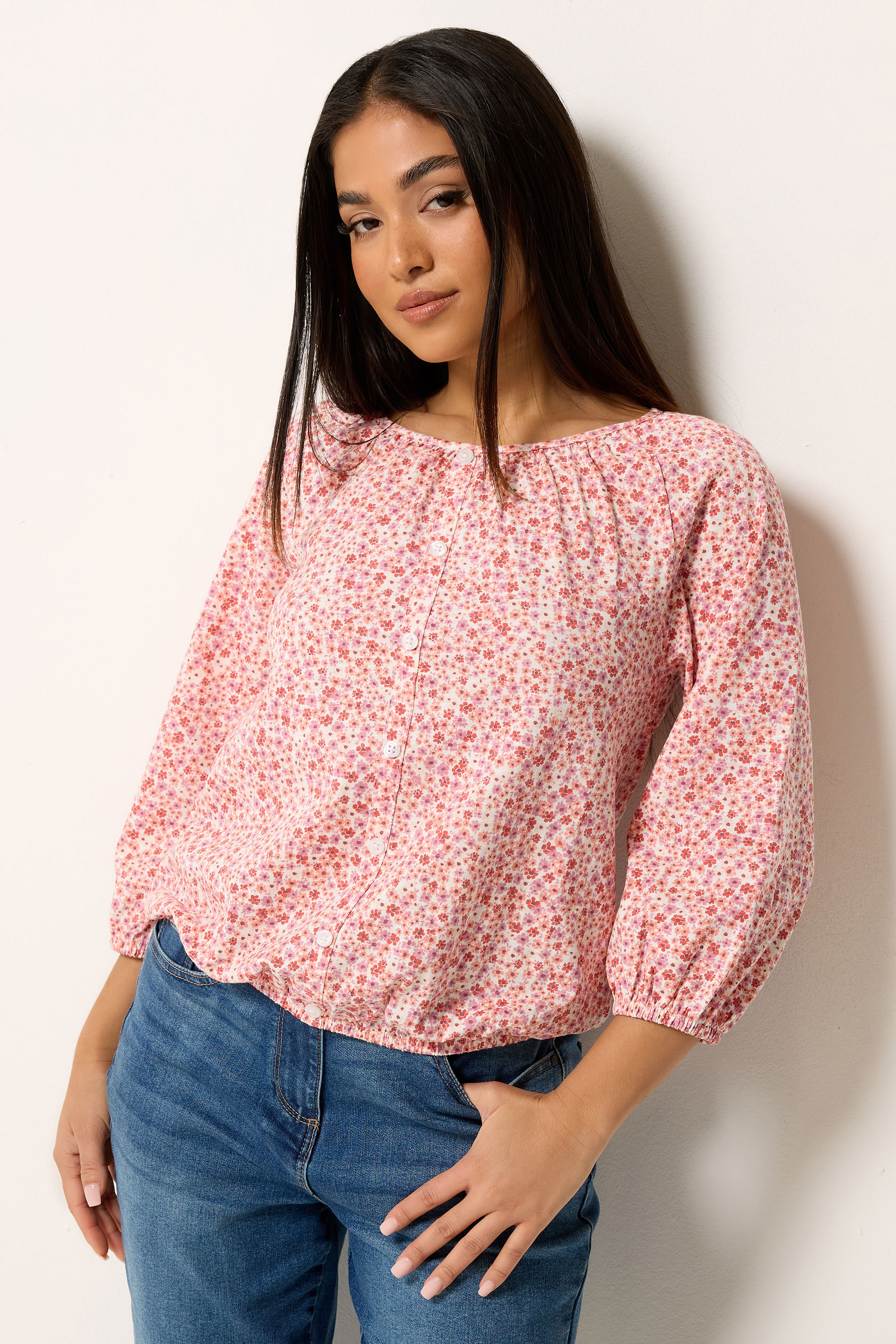 M&Co Petite Pink Floral Button Down Cotton Blouse | M&Co  3