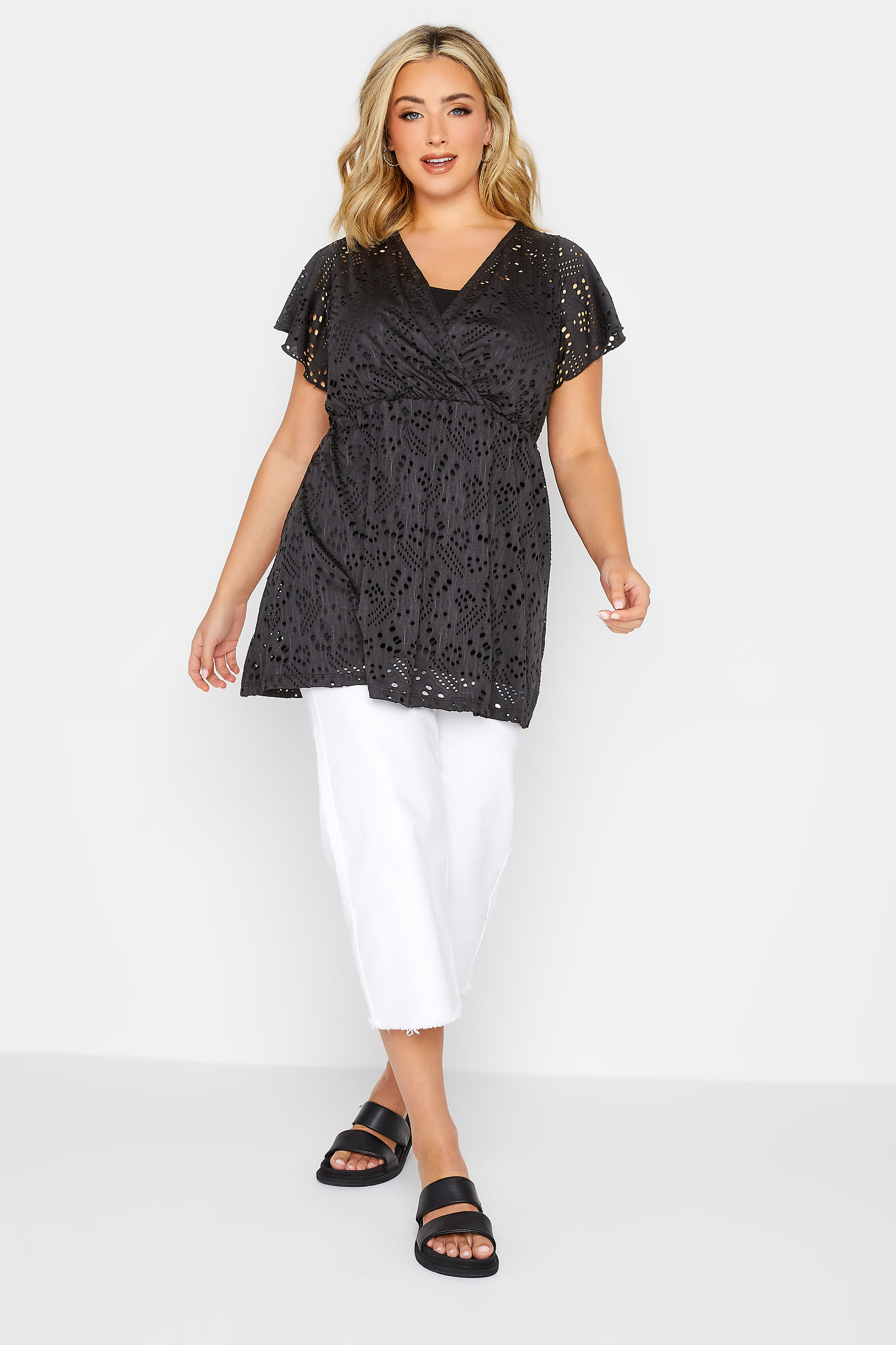 YOURS Curve Plus Size Black Broderie Wrap Top | Yours Clothing  2