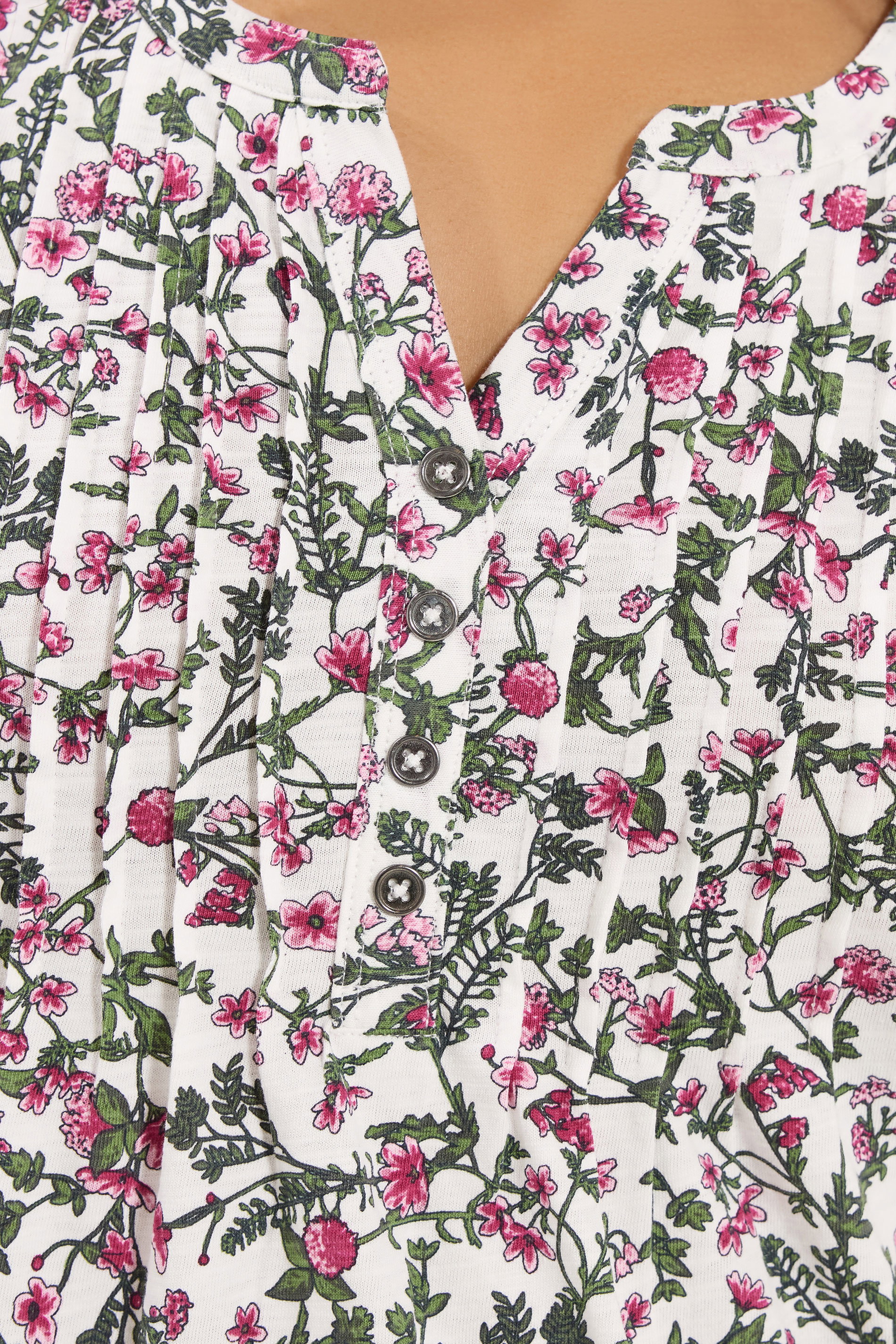 M&Co Petite White & Pink Floral Short Sleeve Cotton Henley Top | M&Co 4