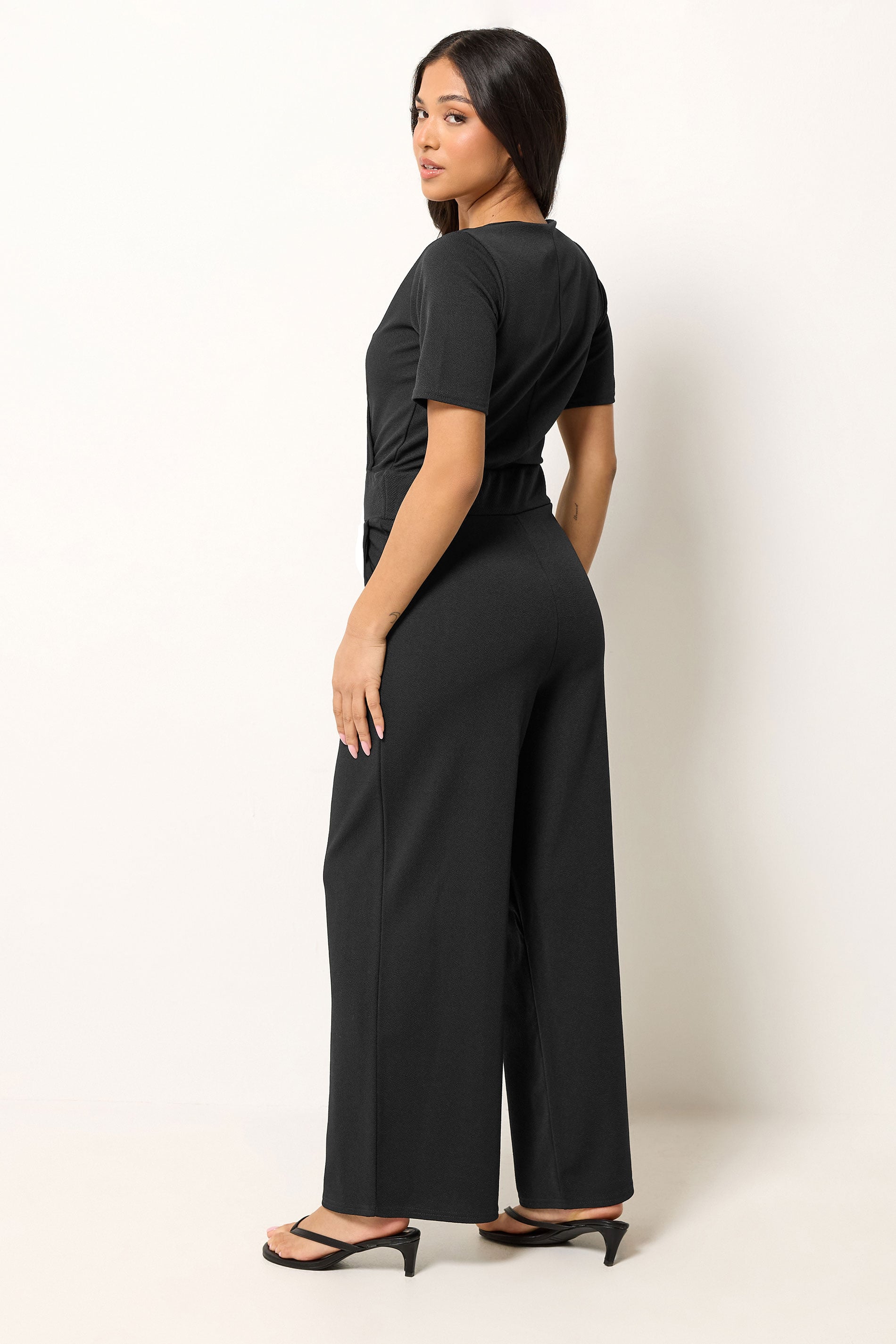 PixieGirl Petite Women's Black Short Sleeve Wide Leg Jumpsuit | PixieGirl 2