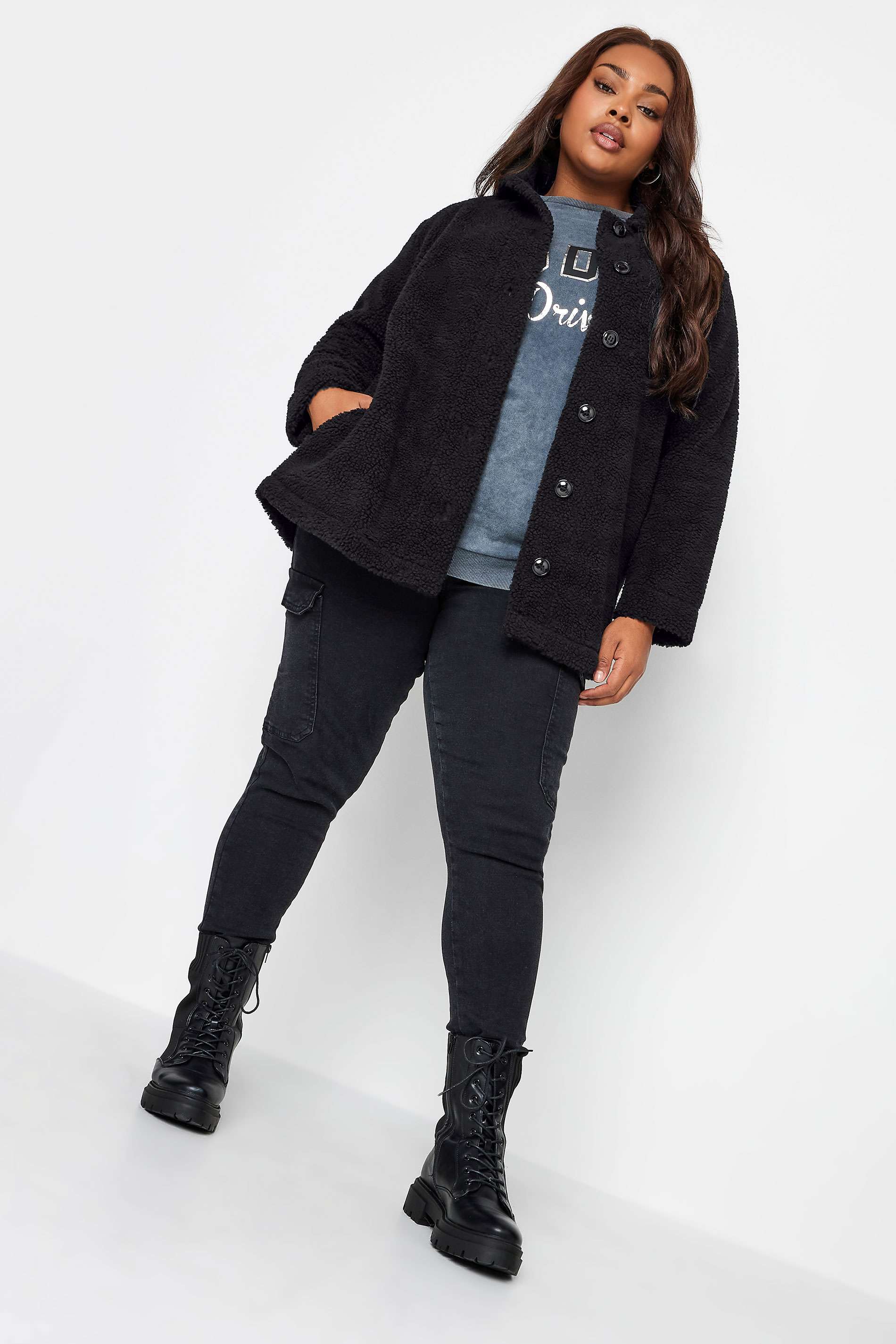 YOURS Plus Size Black Teddy Fleece Jacket | Yours Clothing 2