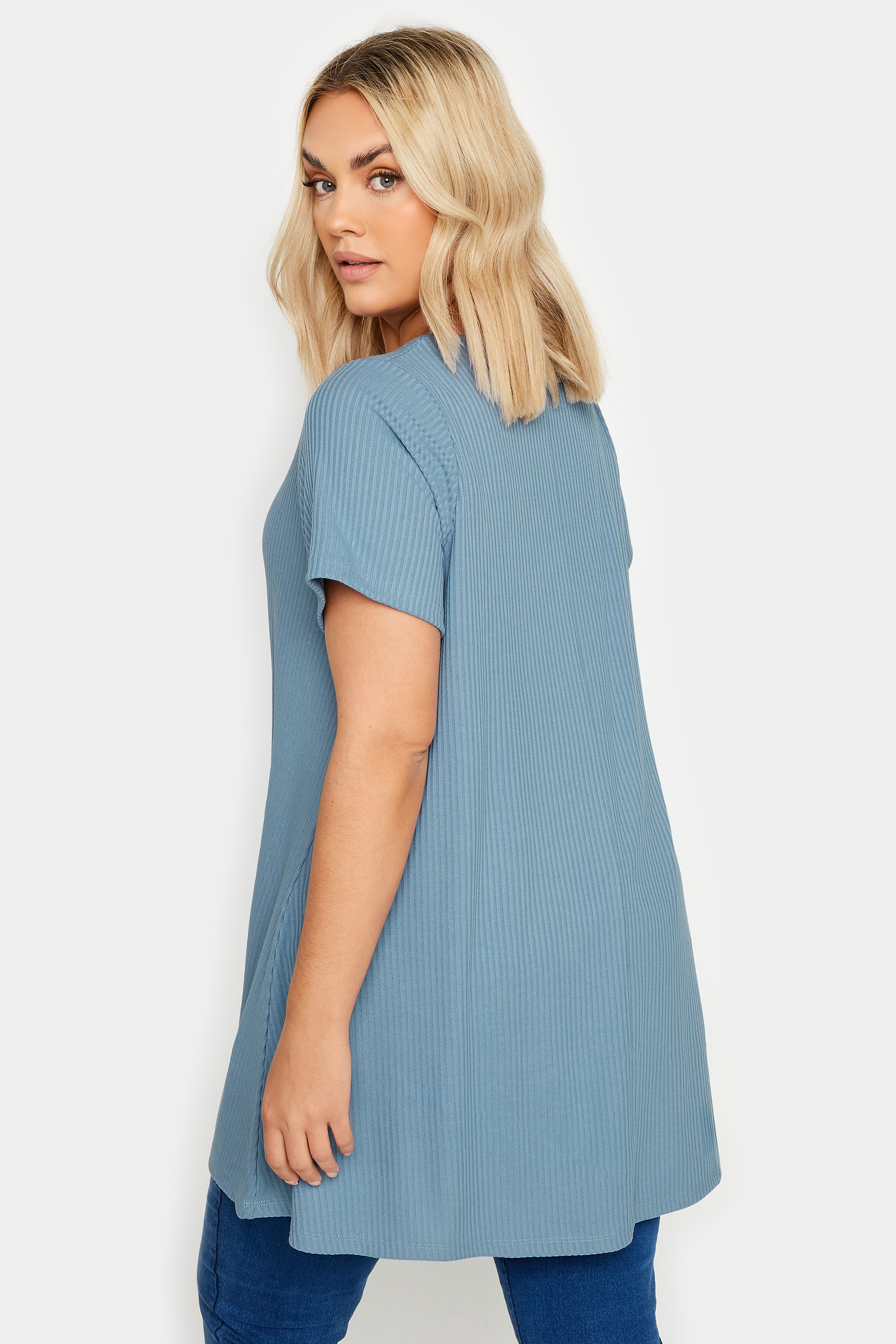 YOURS Plus Size Blue Ribbed Short Sleeve Swing Top | Yours Clothing 3