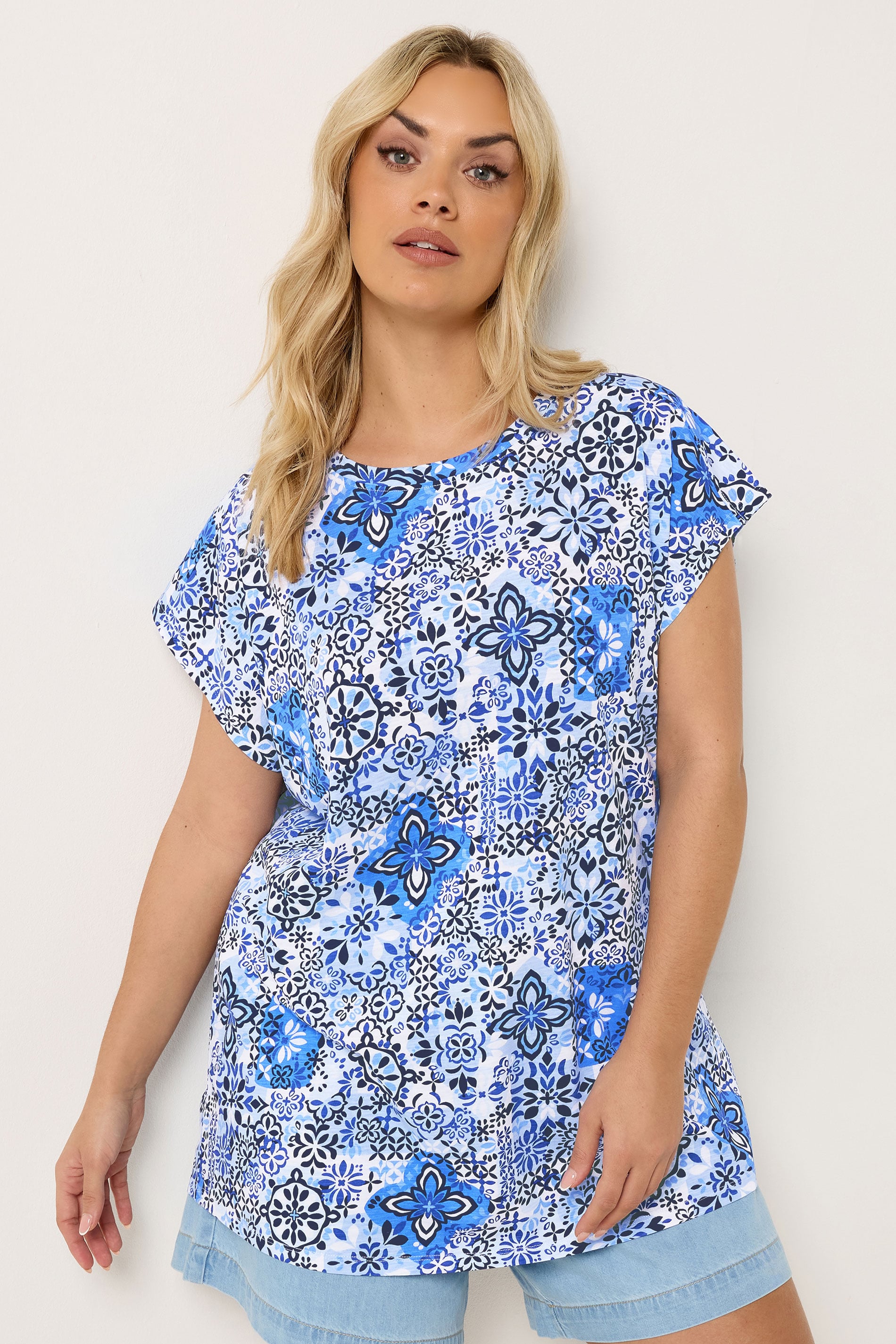 YOURS Plus Size Blue Mosaic Print T-Shirt | Yours Clothing 3
