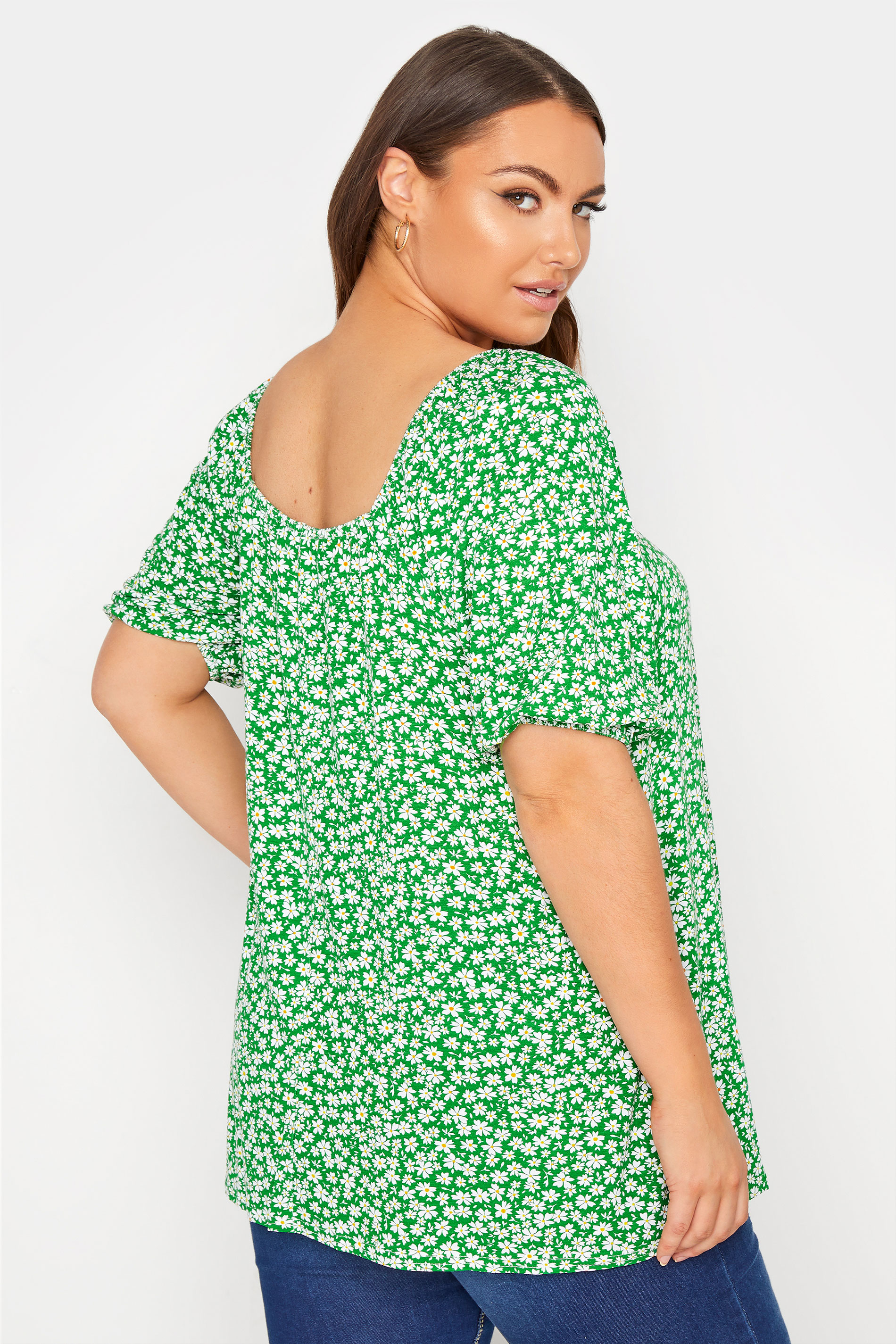 LIMITED COLLECTION Bright Green Daisy Print Square Neck Top | Yours Clothing 3