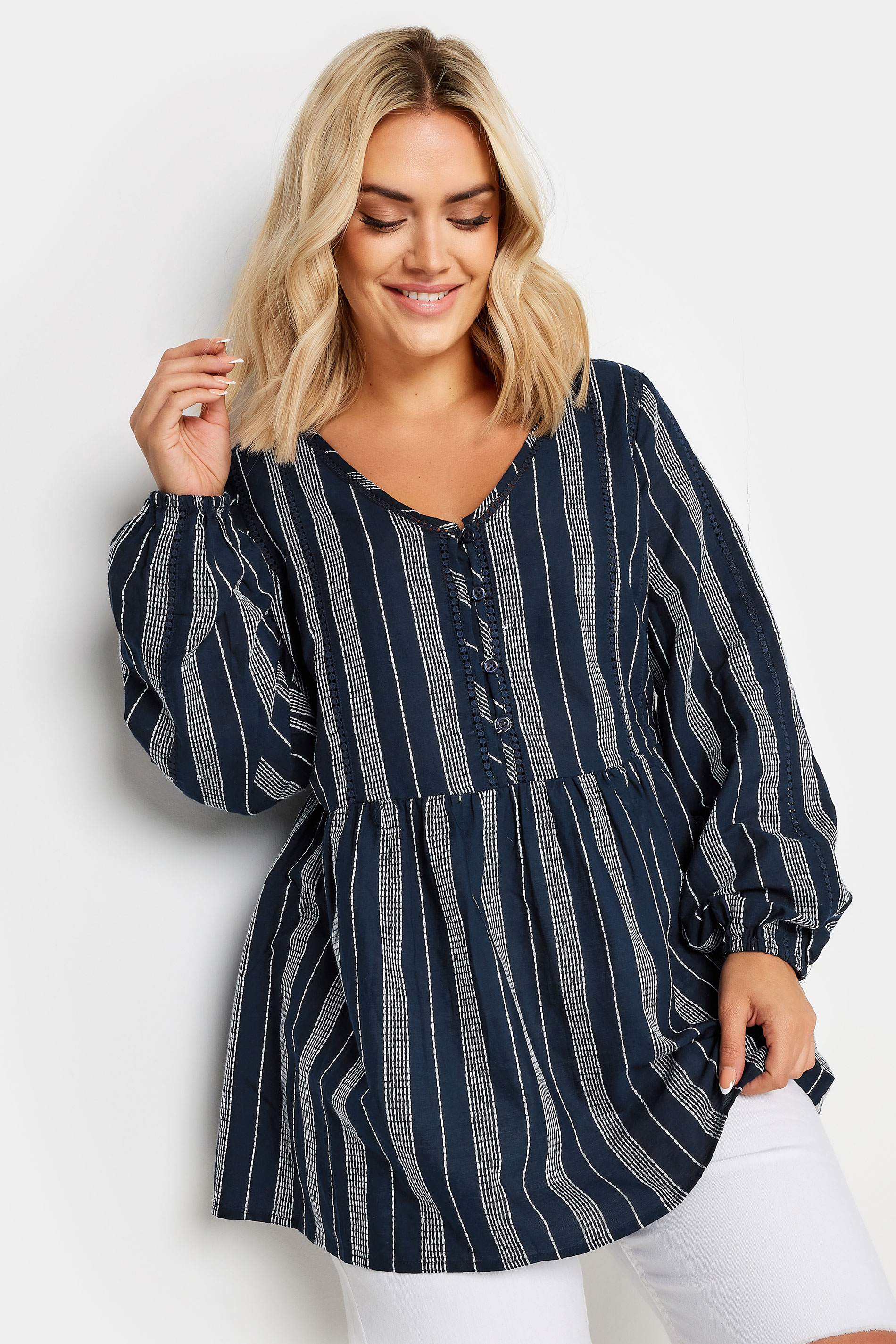 YOURS Plus Size Blue Contrast Stitch Blouse | Yours Clothing 2