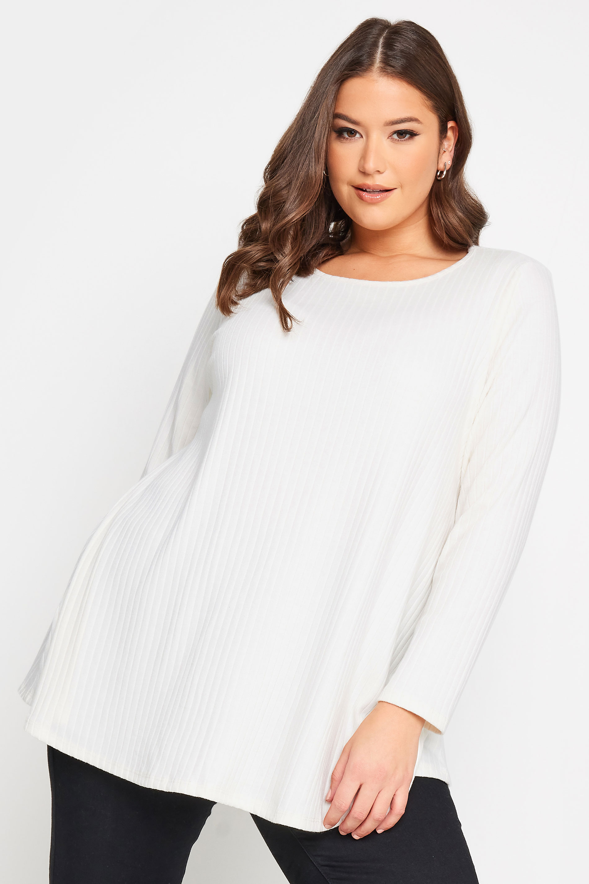 YOURS Plus Size White Long Sleeve Ribbed Swing Top | Yours Clothing 1