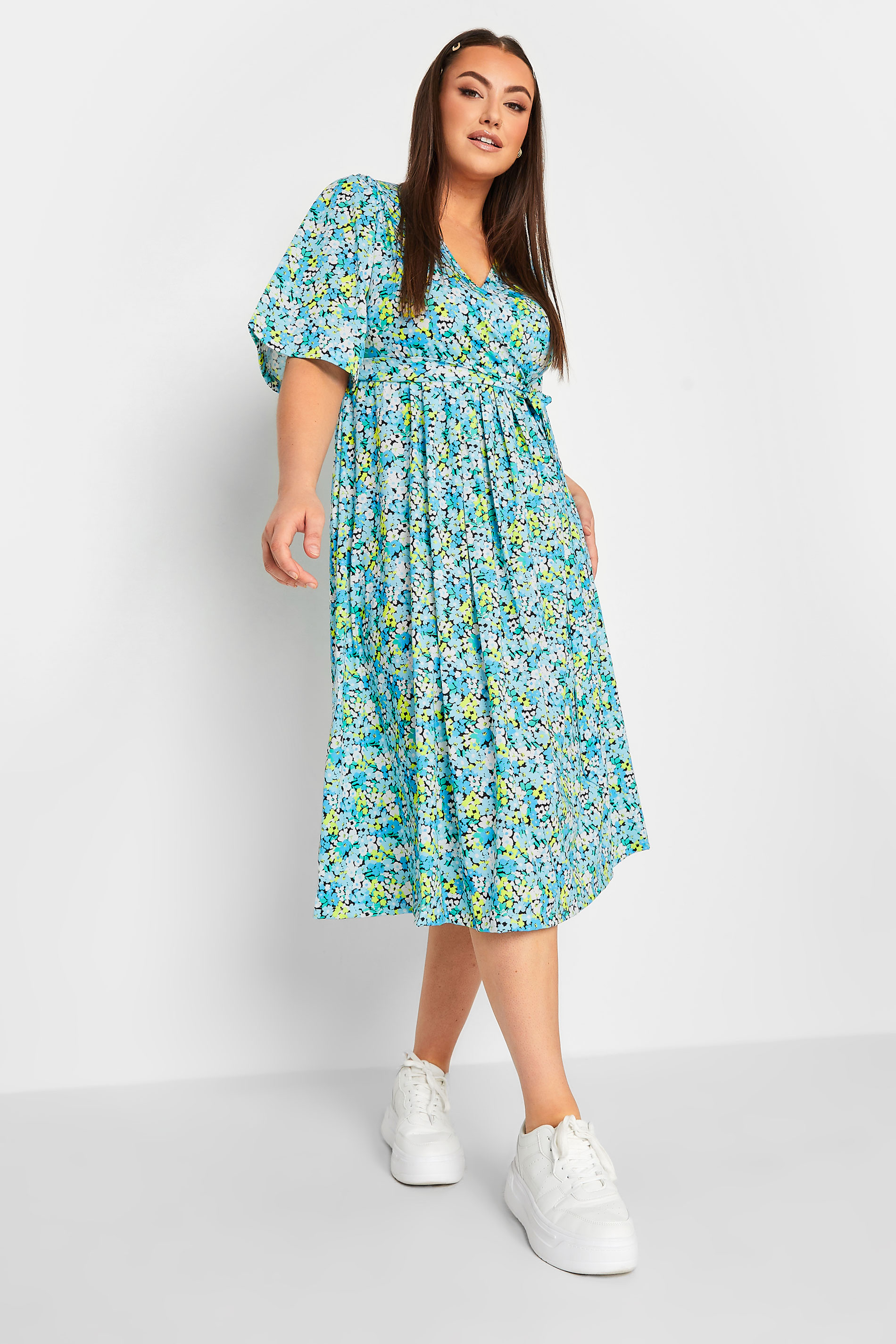 YOURS Plus Size Blue Floral Print Wrap Midi Dress | Yours Clothing 1