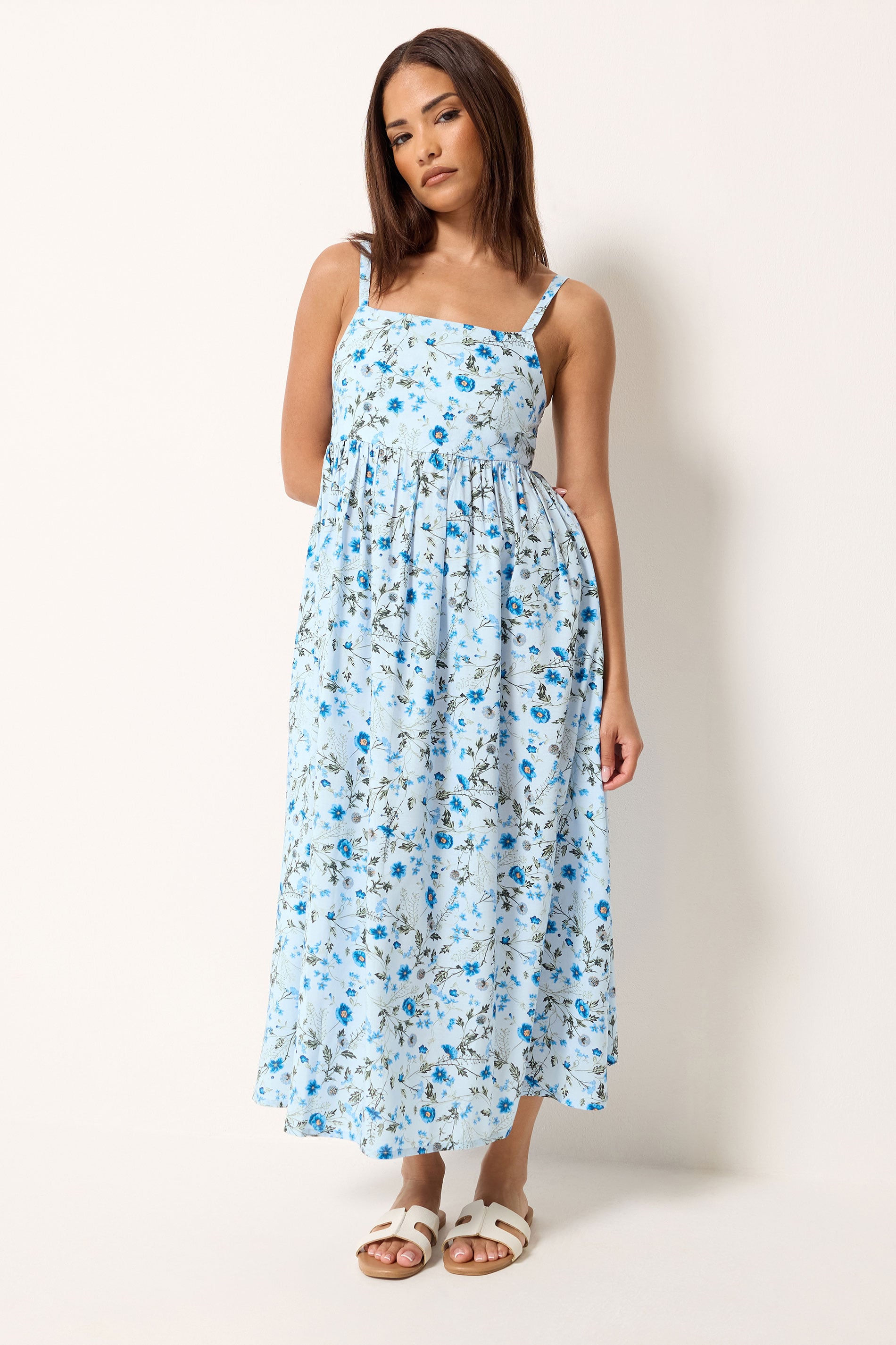 PixieGirl Petite Baby Blue Ditsy Floral Midi Dress | PixieGirl 1