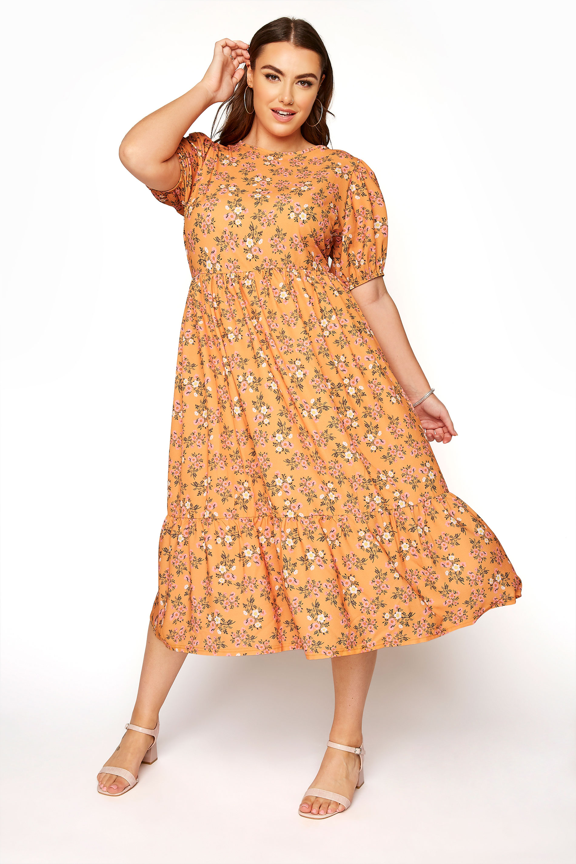 YOURS LONDON Orange Ditsy Floral Smock Dress | Yours Clothing