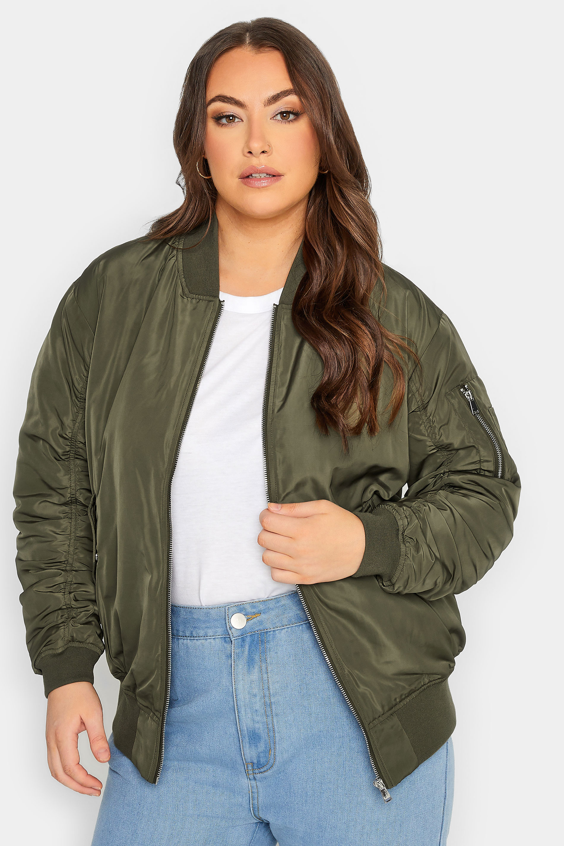 YOURS Plus Size Curve Khaki Green Bomber Jacket | Yours Clothing  1