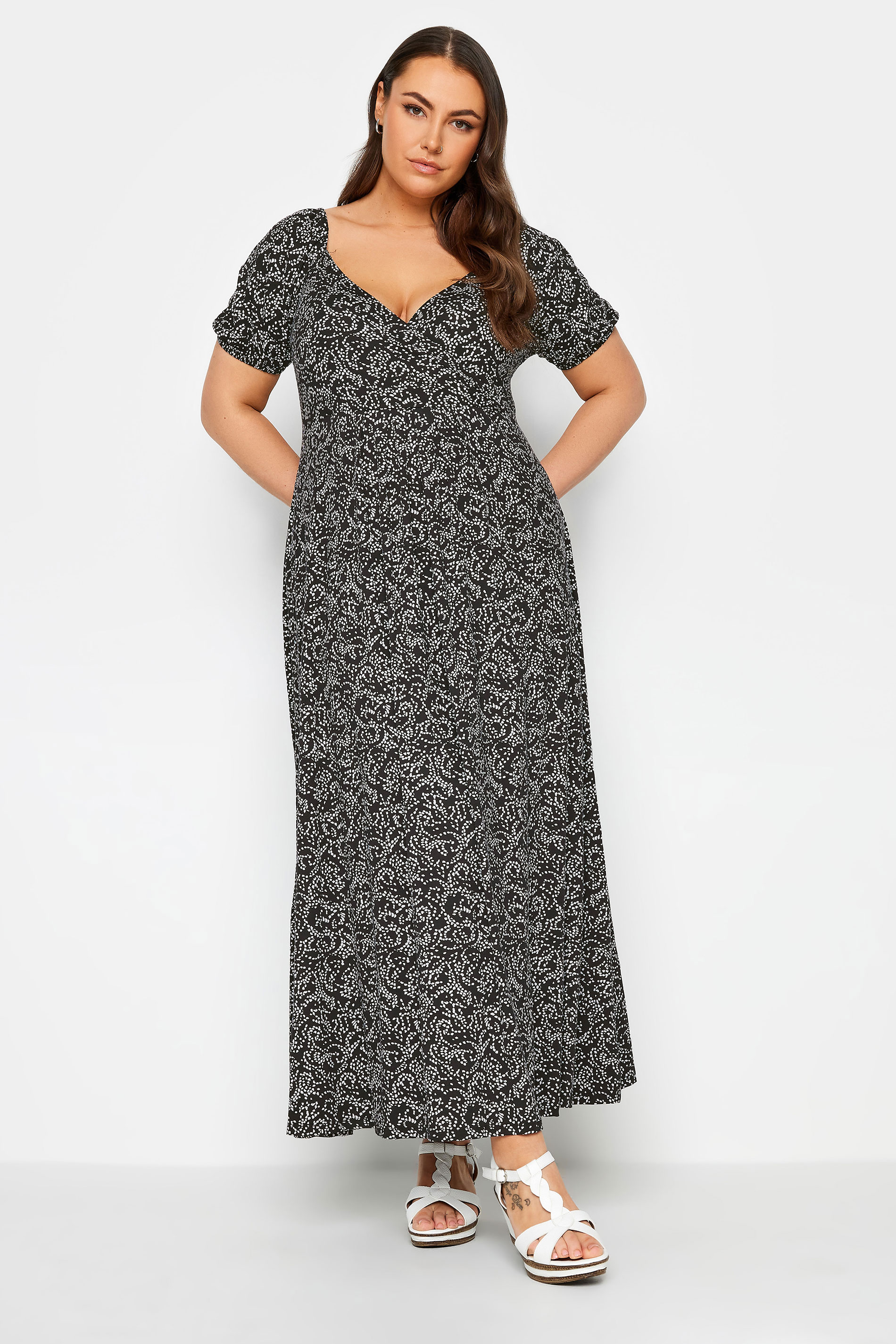 YOURS Plus Size Black Abstract Swirl Print Wrap Maxi Dress | Yours Clothing 1