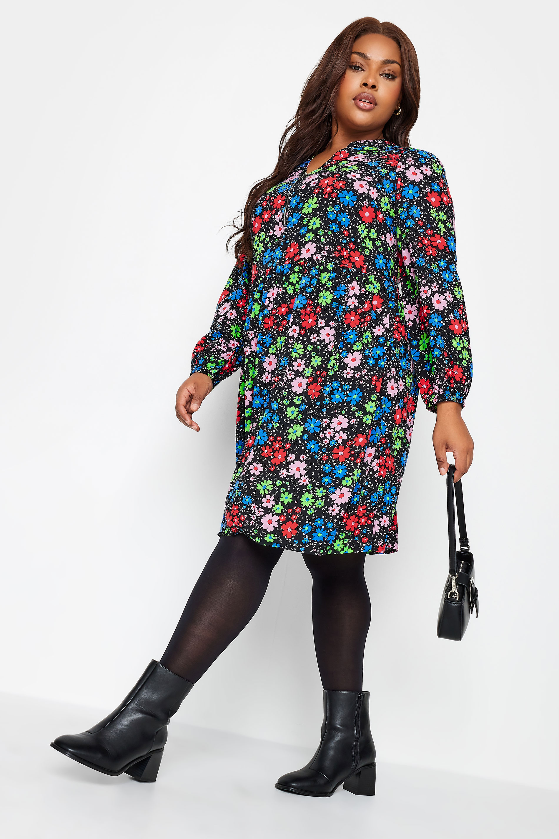 YOURS Plus Size Blue Floral Print Zip Detail Smock Dress | Yours Clothing 2