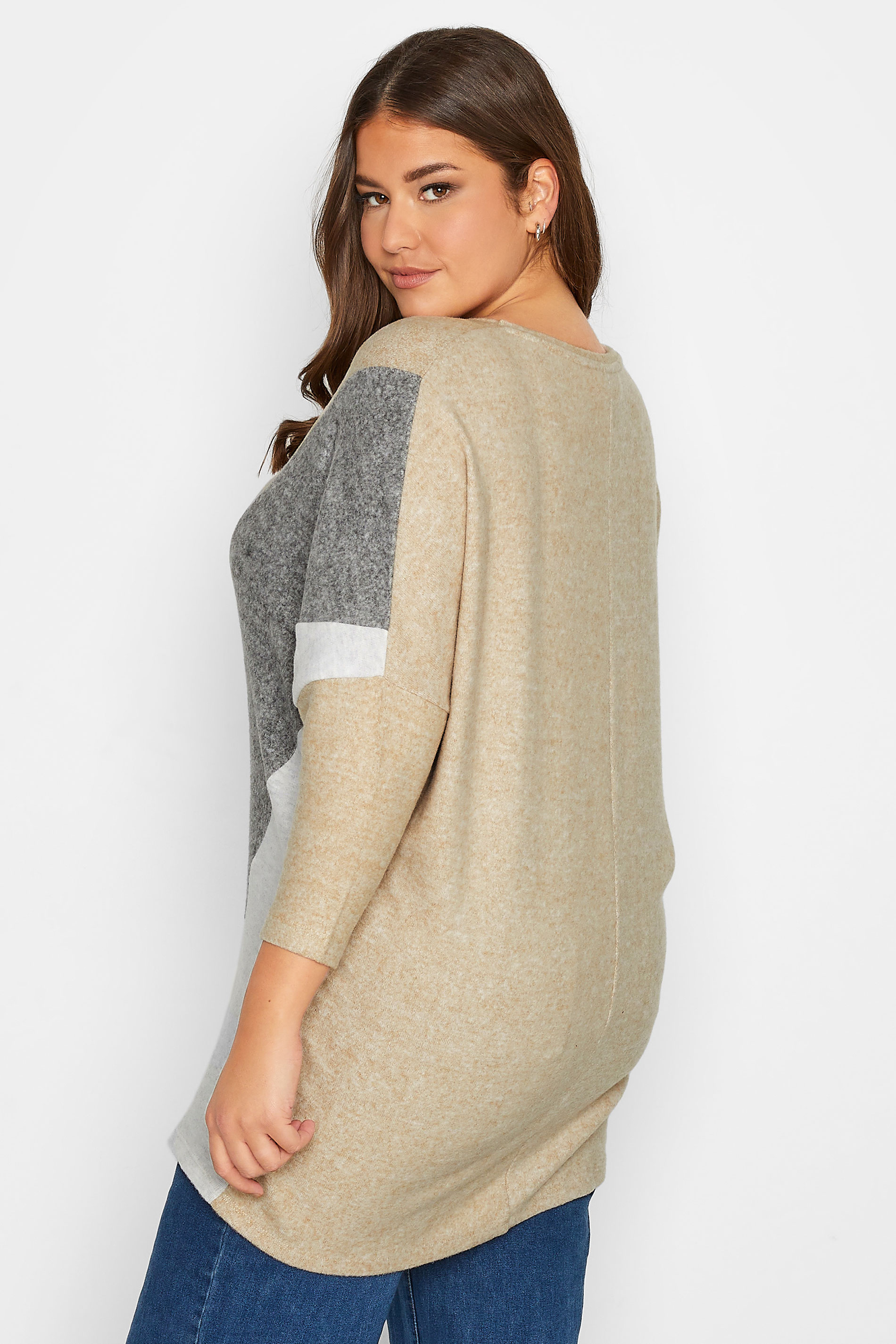 Plus Size Beige Brown Colour Block Soft Touch Jumper | Yours Clothing 3