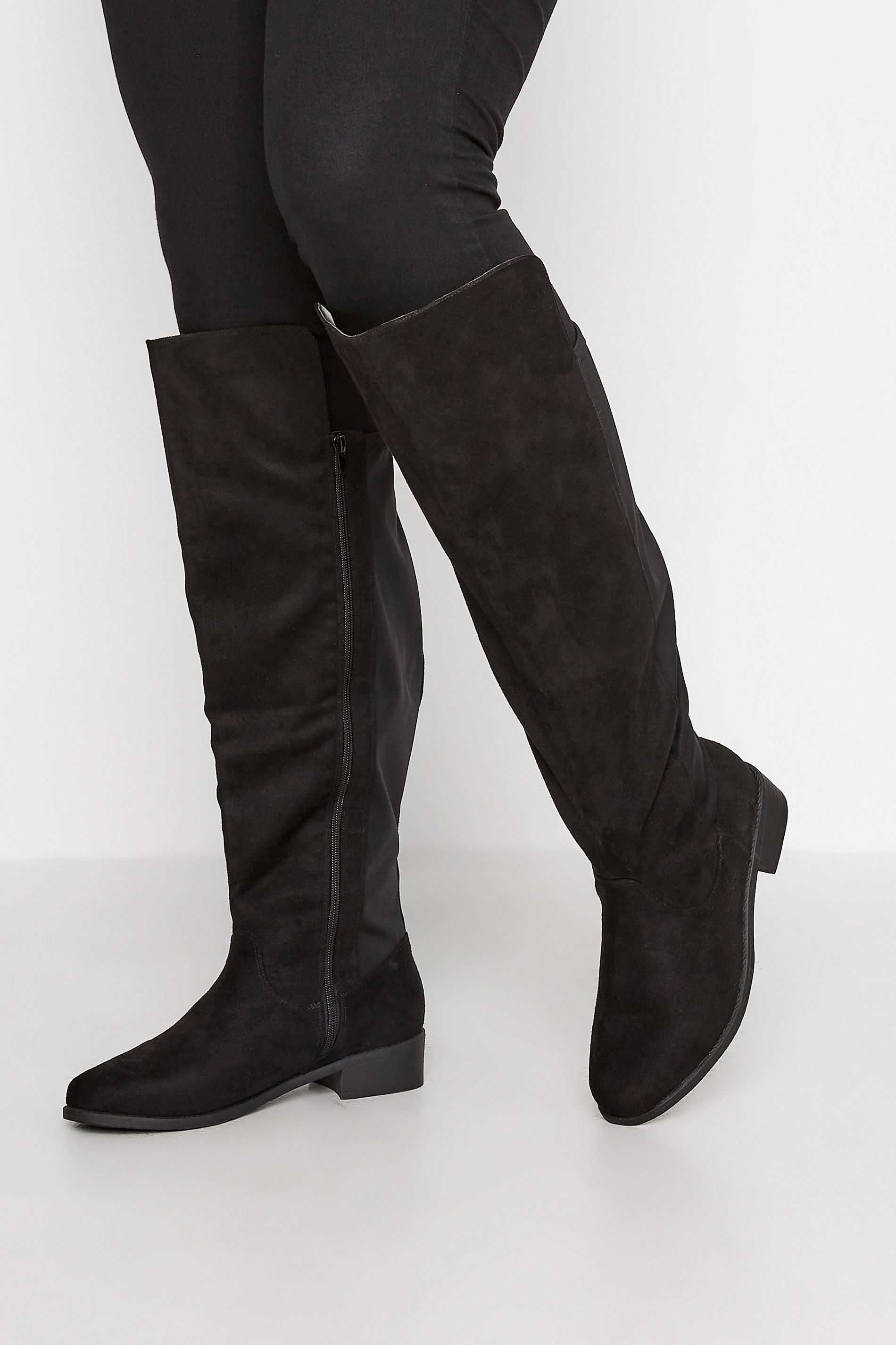 Black Suede Stretch Knee High Boots In Extra Wide EEE Fit 1