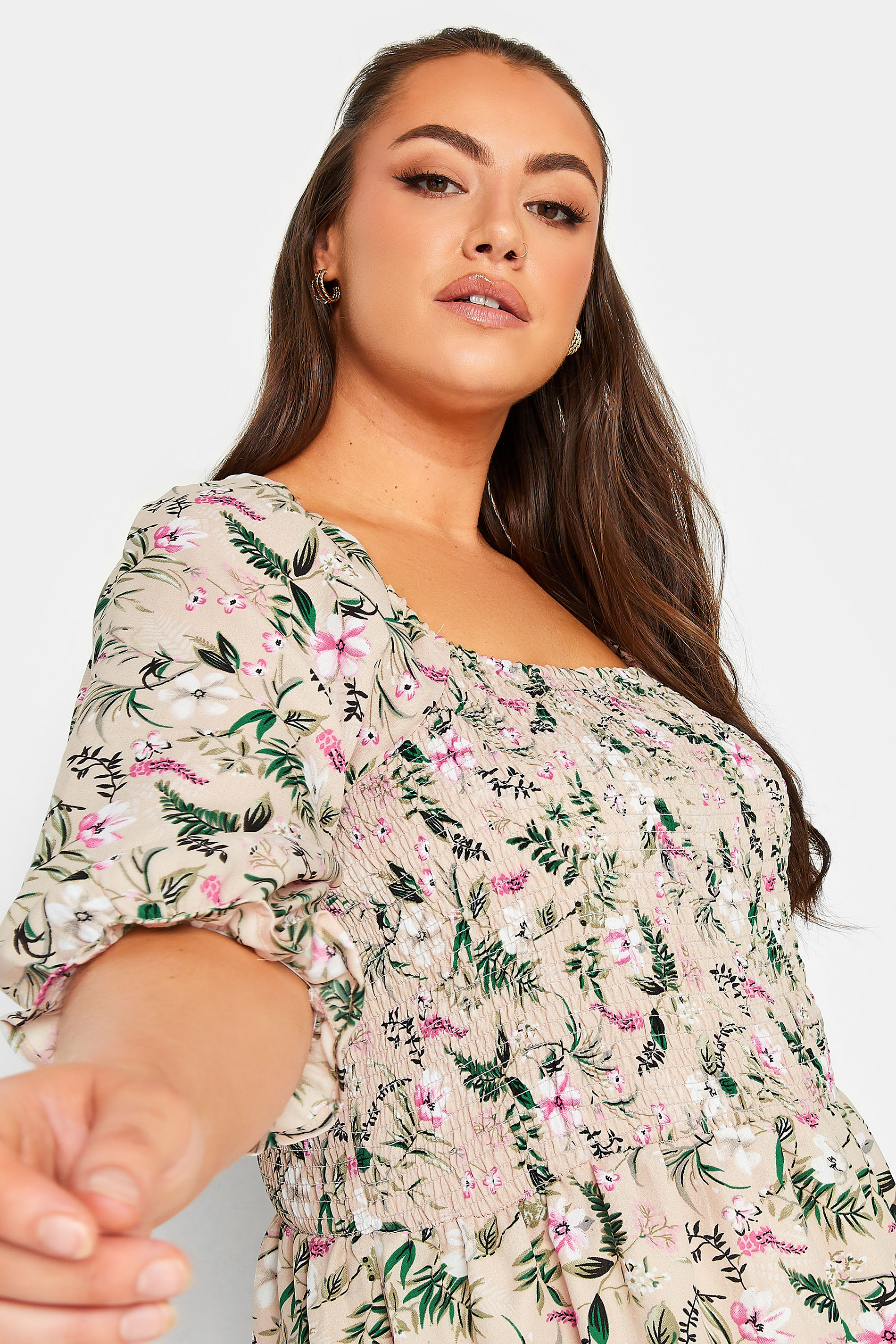 YOURS Plus Size Natural Pink Floral Square Neck Shirred Top | Yours ...