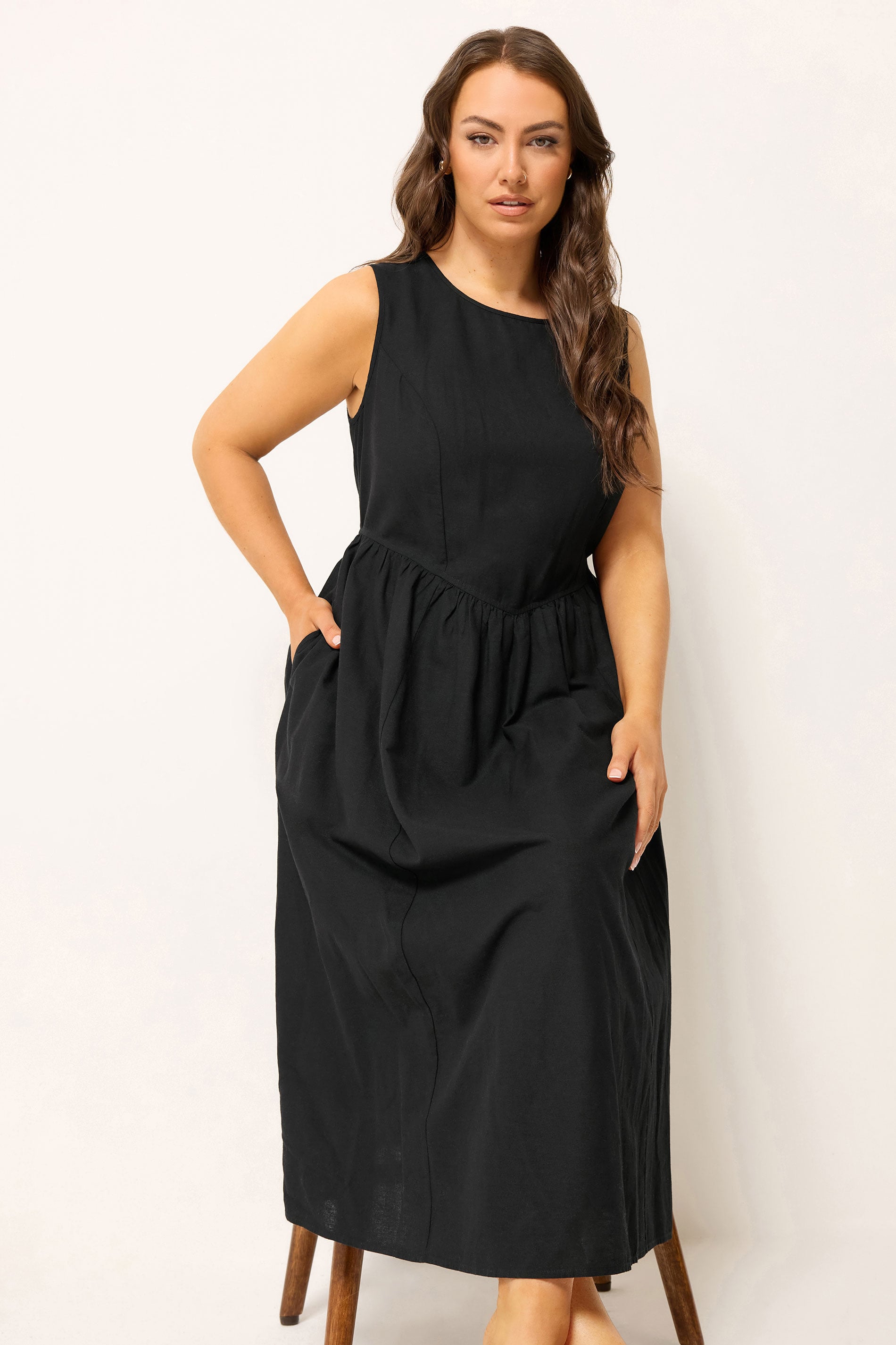 YOURS Plus Size Black Linen Midi Dress | Yours Clothing 1