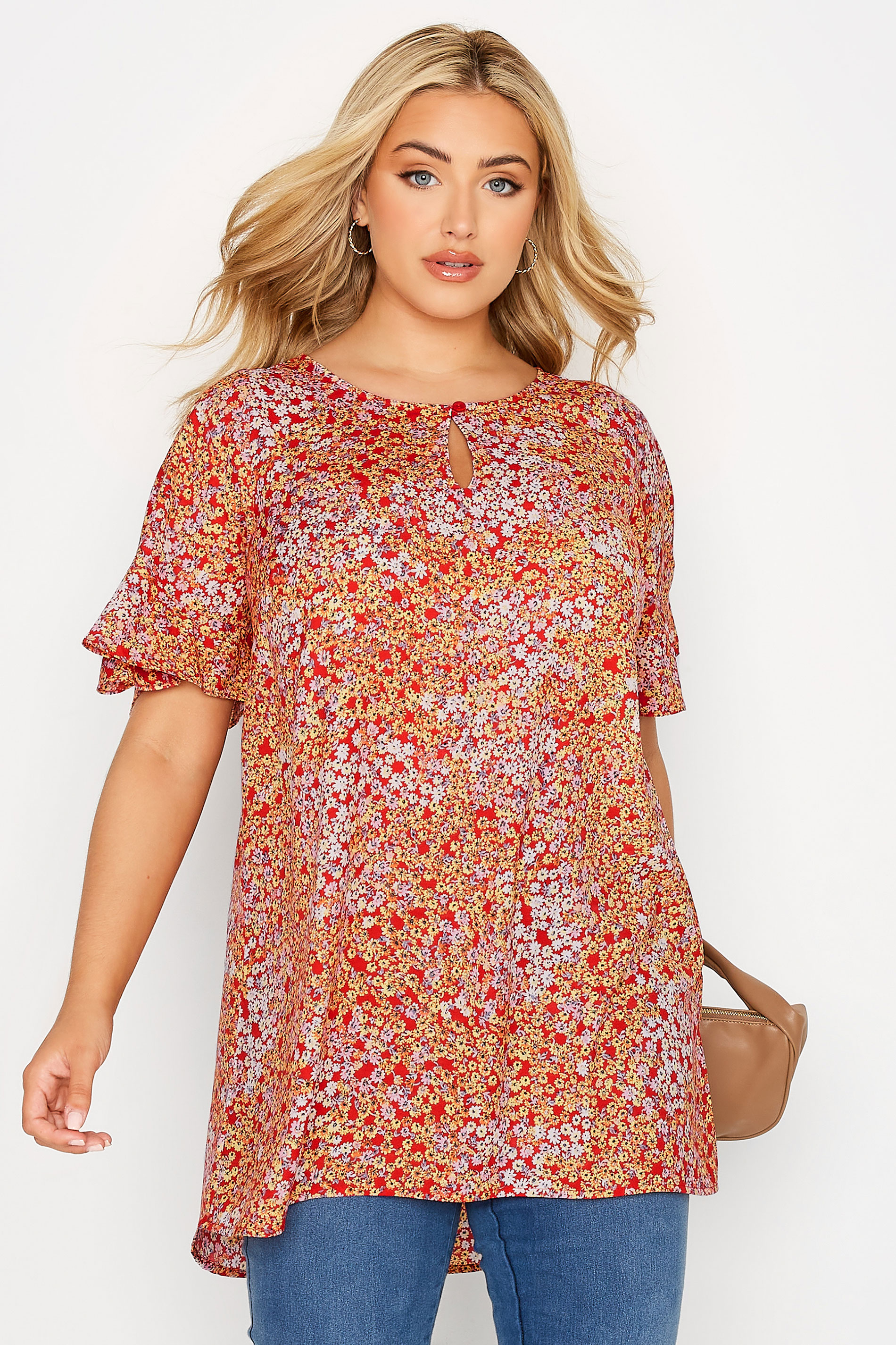 Plus Size Red Ditsy Print Frill Sleeve Keyhole Top | Yours Clothing 1