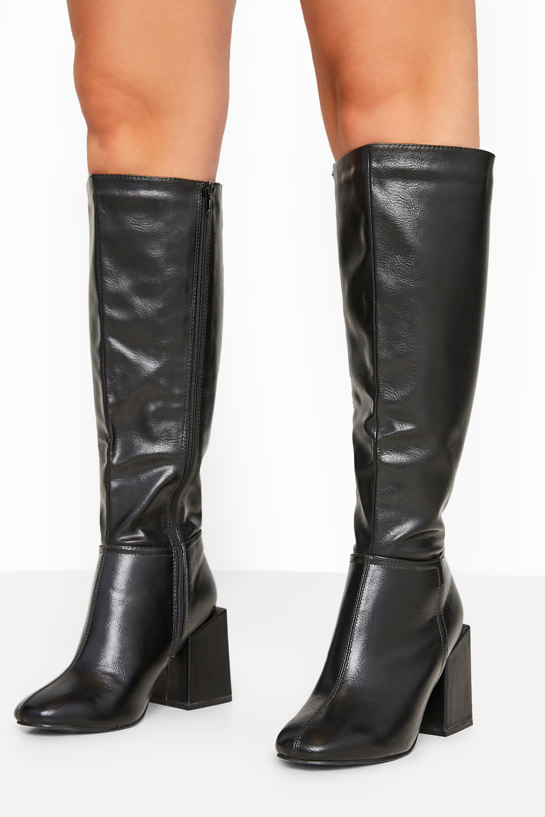 Limited Collection Black Vegan Leather Knee High Heeled Boots In Extra Wide Fit Yours Clothing